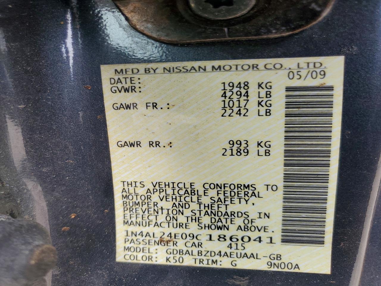 2009 Nissan Altima 2.5s Gray vin: 1N4AL24E09C186041