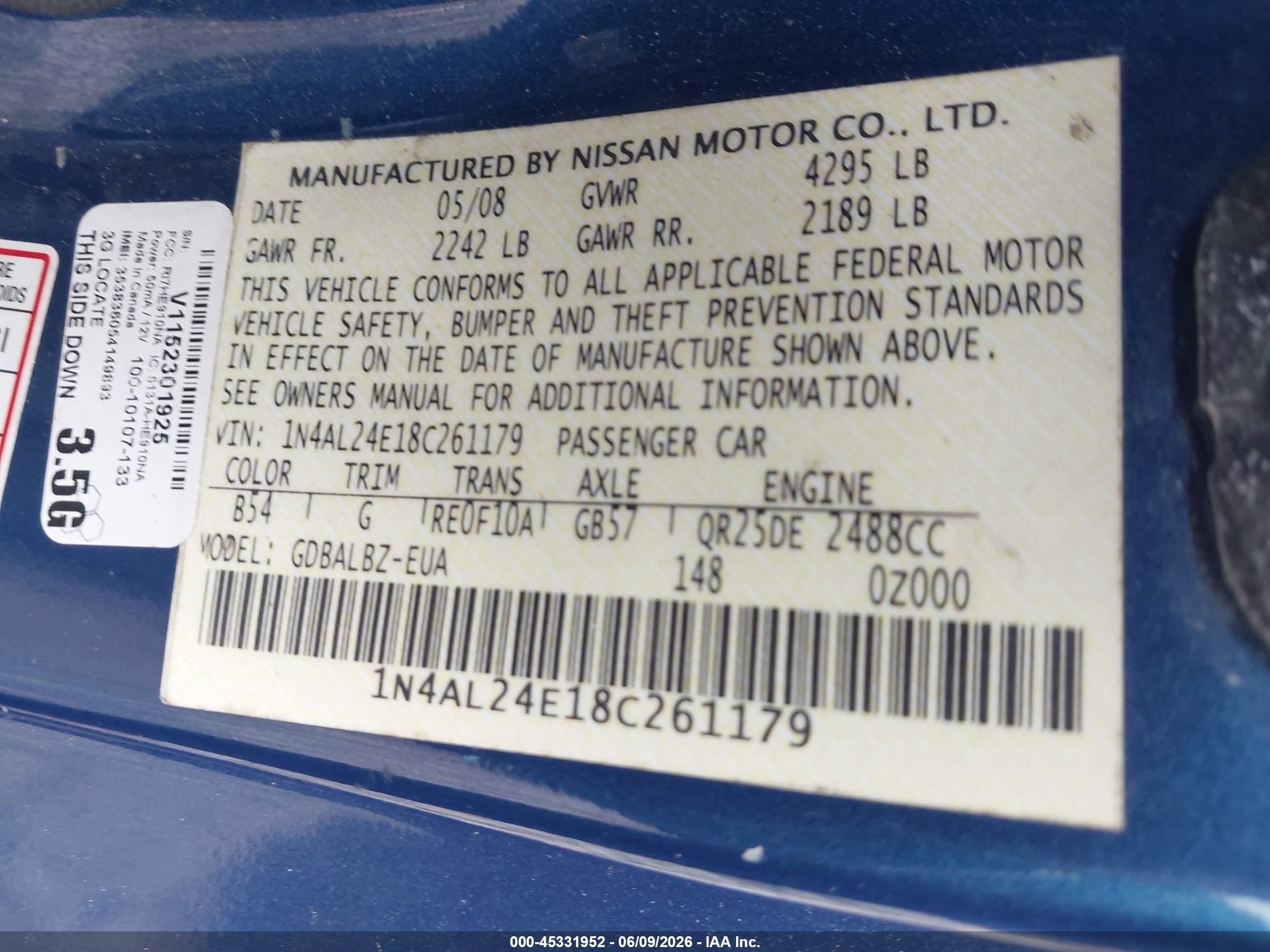 2008 Nissan Altima 2.5 S Blue vin: 1N4AL24E18C261179