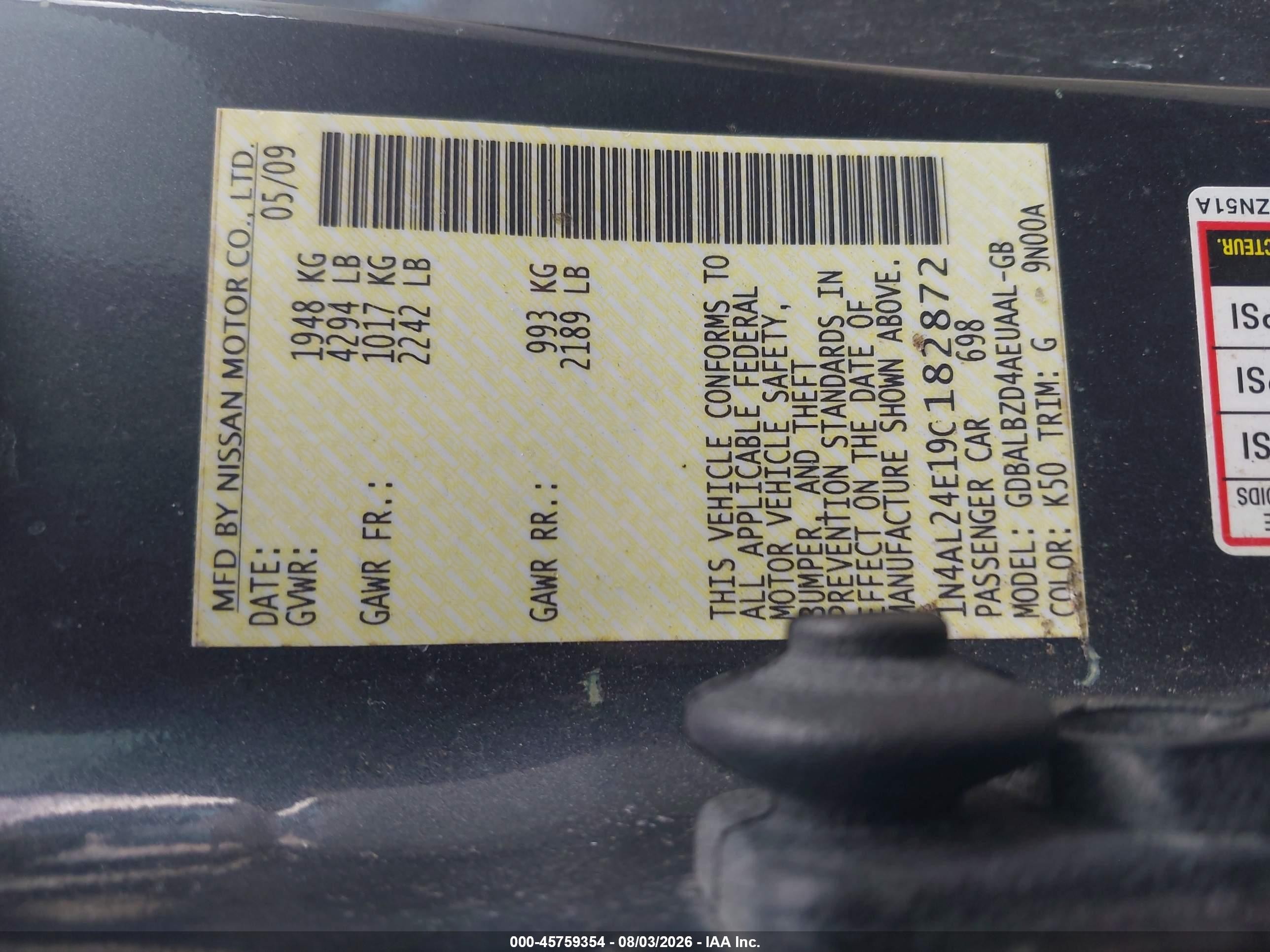 2009 Nissan Altima 2.5 S Gray vin: 1N4AL24E19C182872