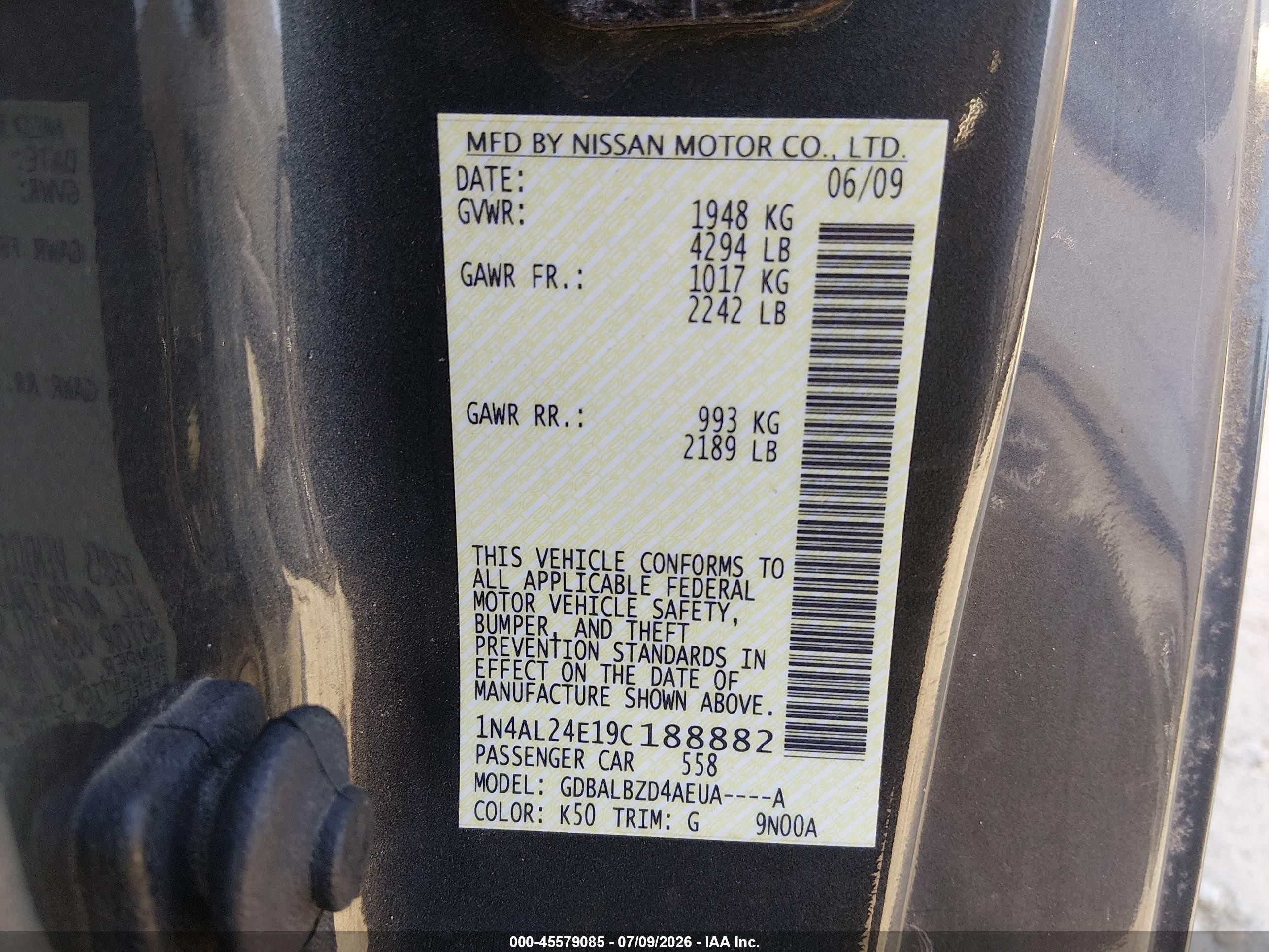 2009 Nissan Altima 2.5 S Black vin: 1N4AL24E19C188882