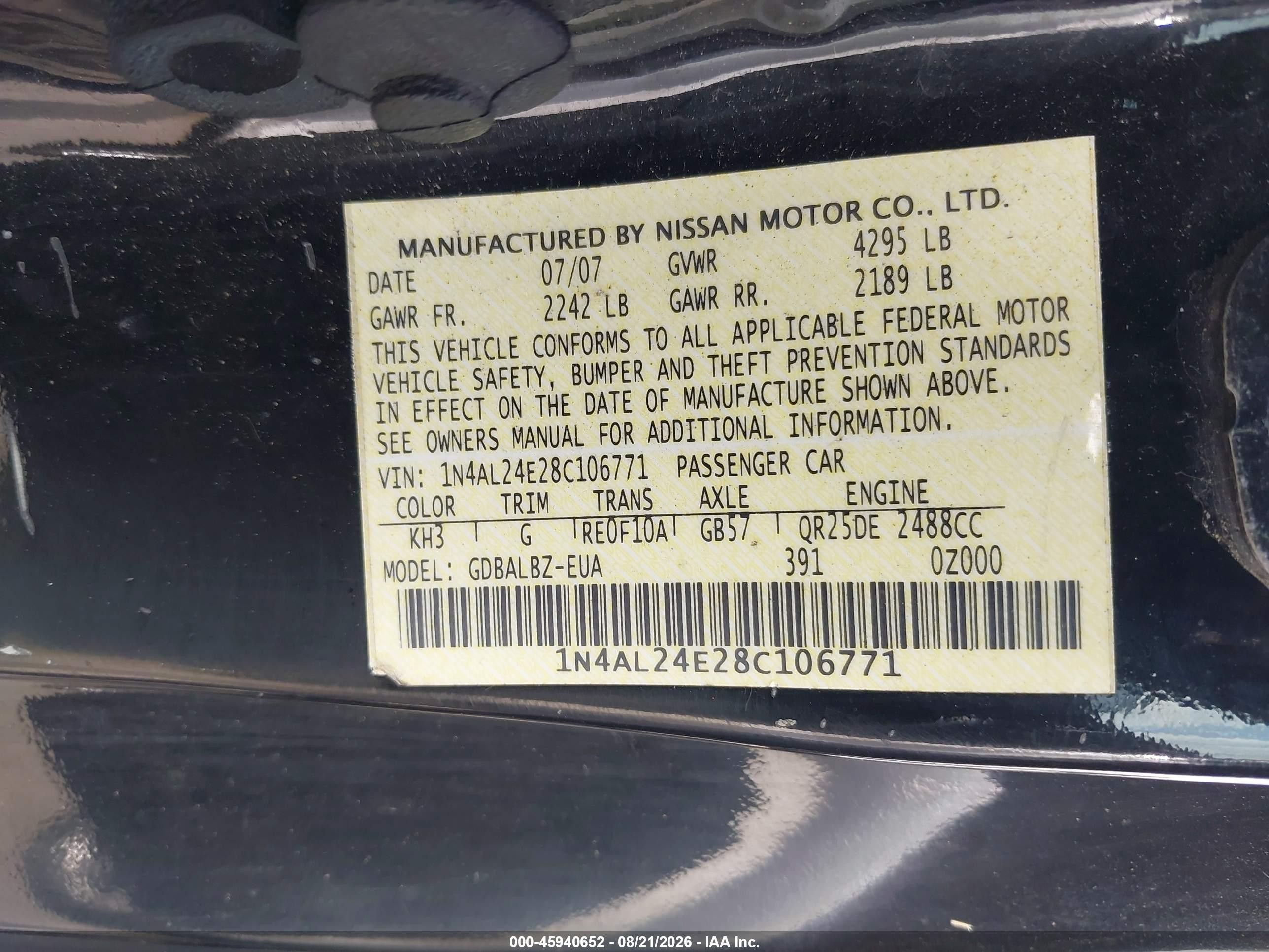 2008 Nissan Altima 2.5 S Черный vin: 1N4AL24E28C106771