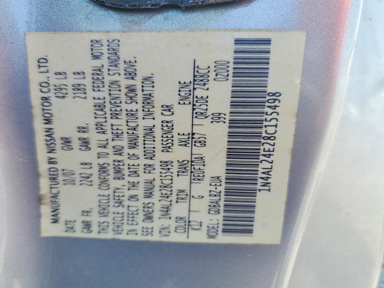 2008 Nissan Altima 2.5 S Silver vin: 1N4AL24E28C155498