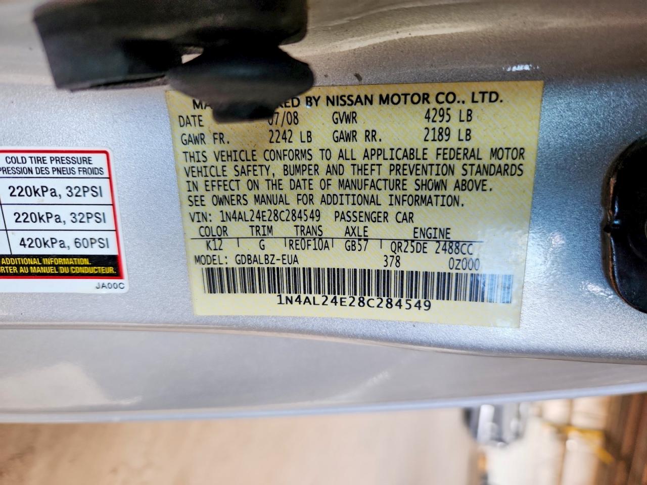 2008 Nissan Altima 2.5 S Silver vin: 1N4AL24E28C284549