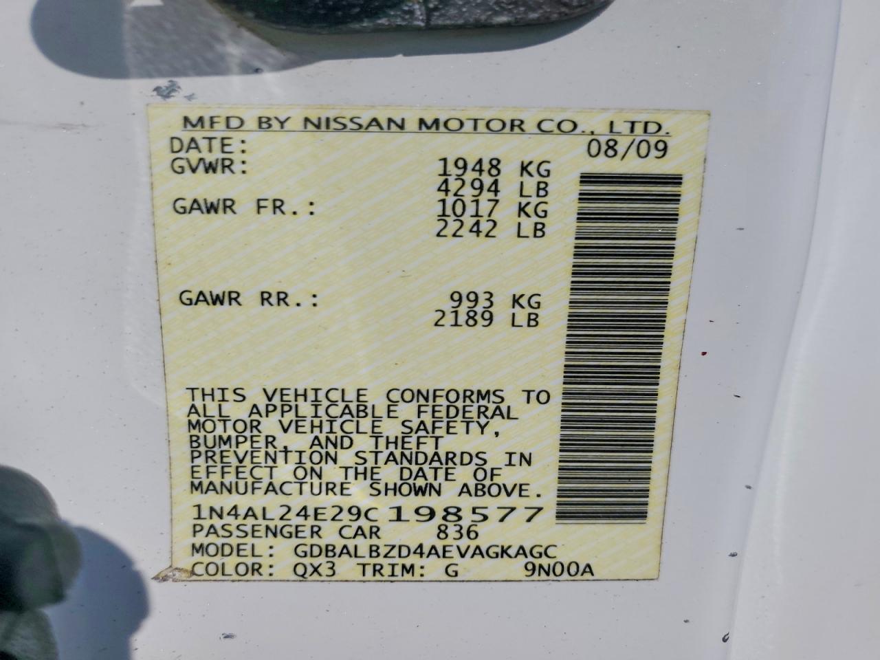 2009 Nissan Altima 2.5s White vin: 1N4AL24E29C198577