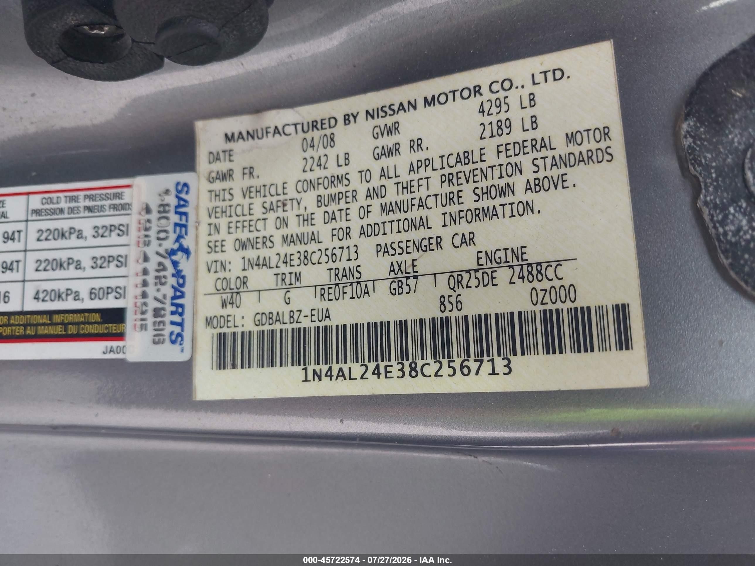 2008 Nissan Altima 2.5 S Gray vin: 1N4AL24E38C256713
