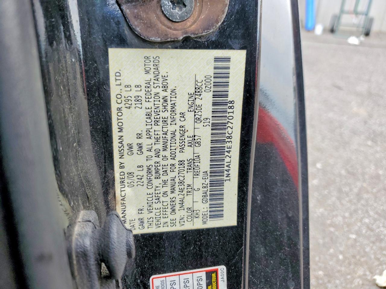 2008 Nissan Altima 2.5s Black vin: 1N4AL24E38C270188
