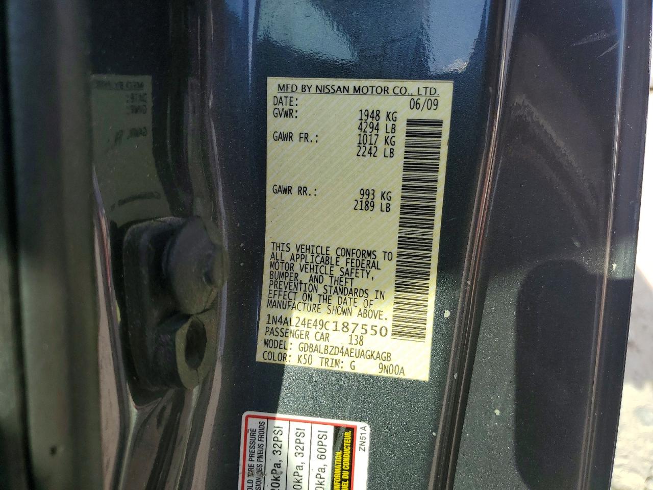 2009 Nissan Altima 2.5s Charcoal vin: 1N4AL24E49C187550