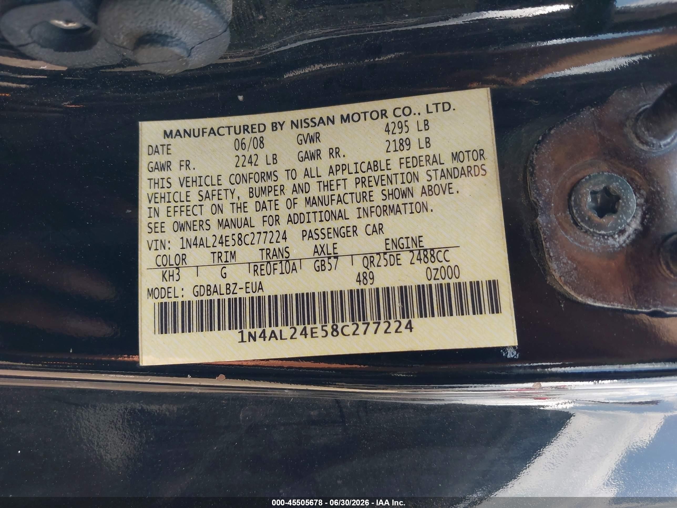 2008 Nissan Altima 2.5 S Black vin: 1N4AL24E58C277224