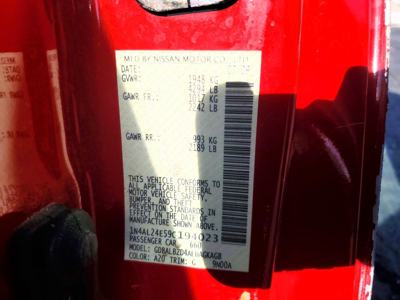 2009 Nissan Altima 2.5s Red vin: 1N4AL24E59C194023