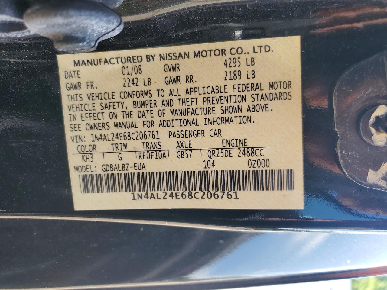 2008 Nissan Altima 2.5s Черный vin: 1N4AL24E68C206761