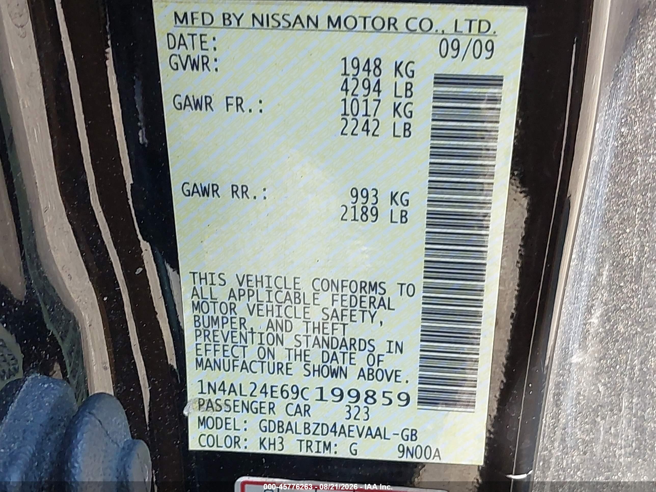 2009 Nissan Altima 2.5 S Black vin: 1N4AL24E69C199859