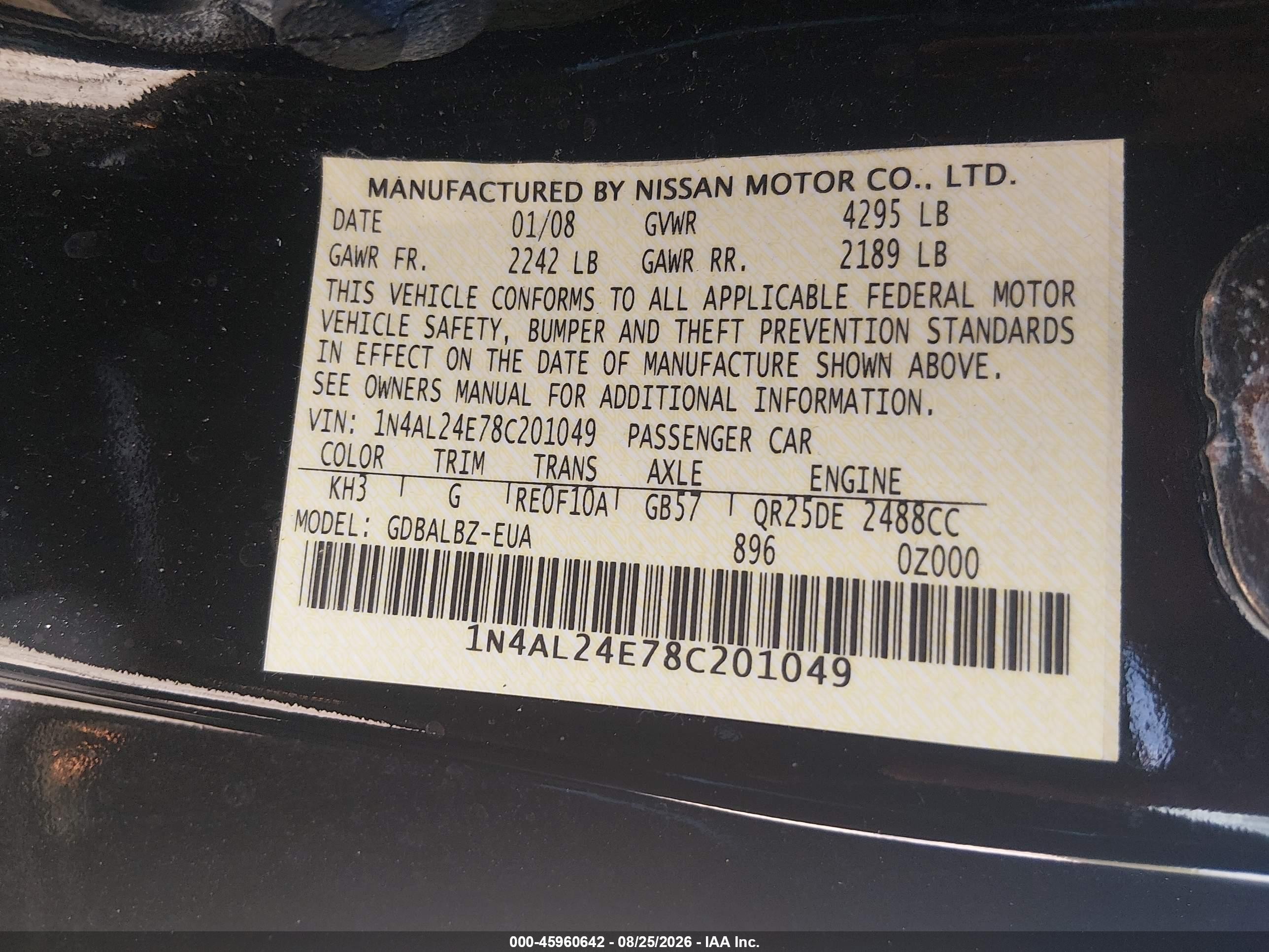 2008 Nissan Altima 2.5 S Black vin: 1N4AL24E78C201049