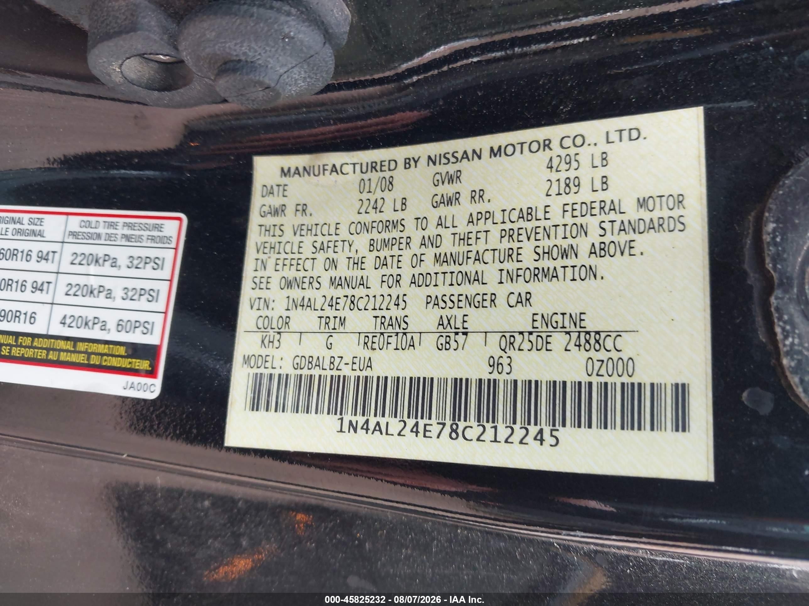 2008 Nissan Altima 2.5 S Black vin: 1N4AL24E78C212245