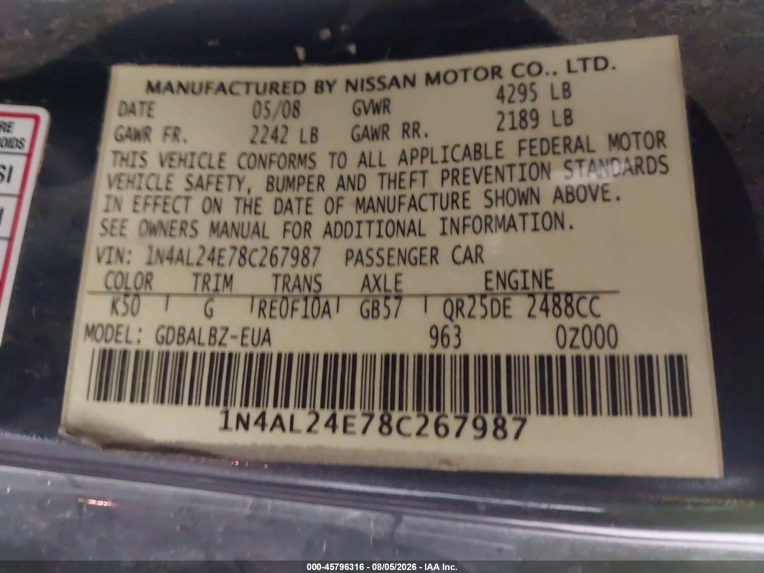 2008 Nissan Altima 2.5 S Gray vin: 1N4AL24E78C267987