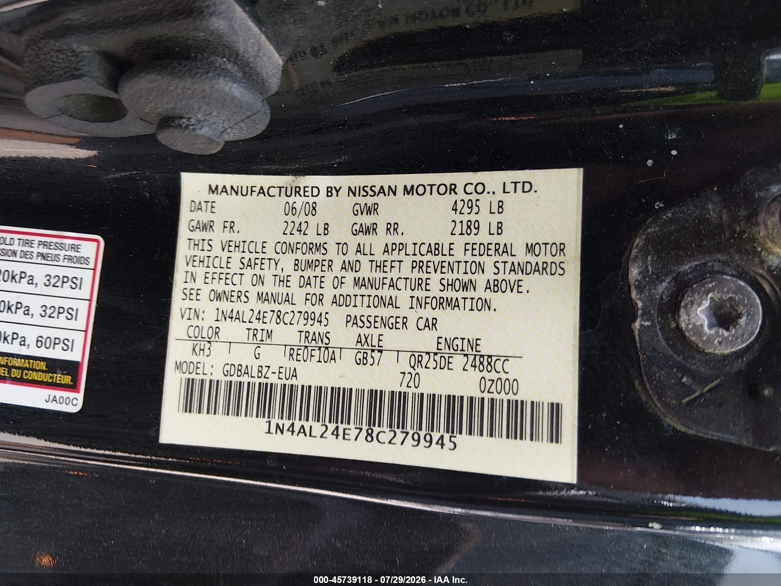 2008 Nissan Altima 2.5 S Black vin: 1N4AL24E78C279945
