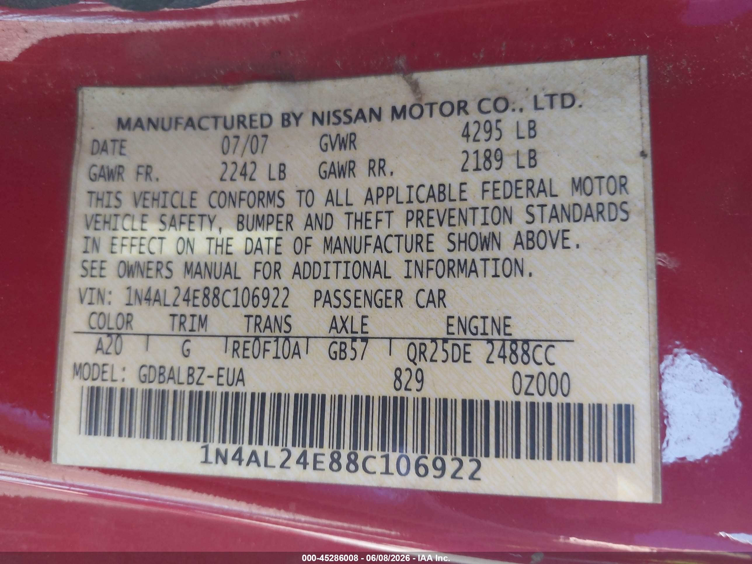 2008 Nissan Altima 2.5s Red vin: 1N4AL24E88C106922