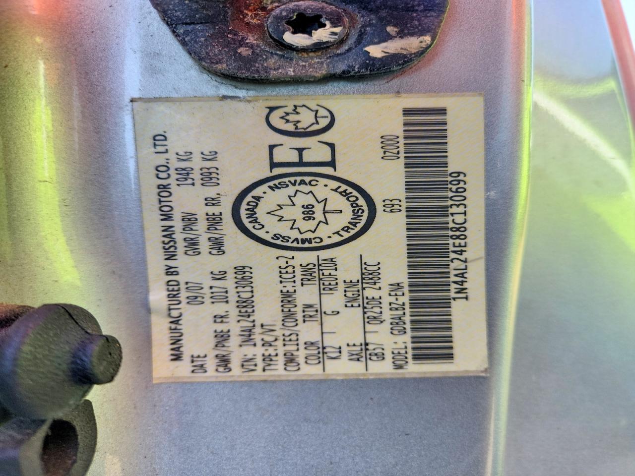 2008 Nissan Altima Серебряный vin: 1N4AL24E88C130699