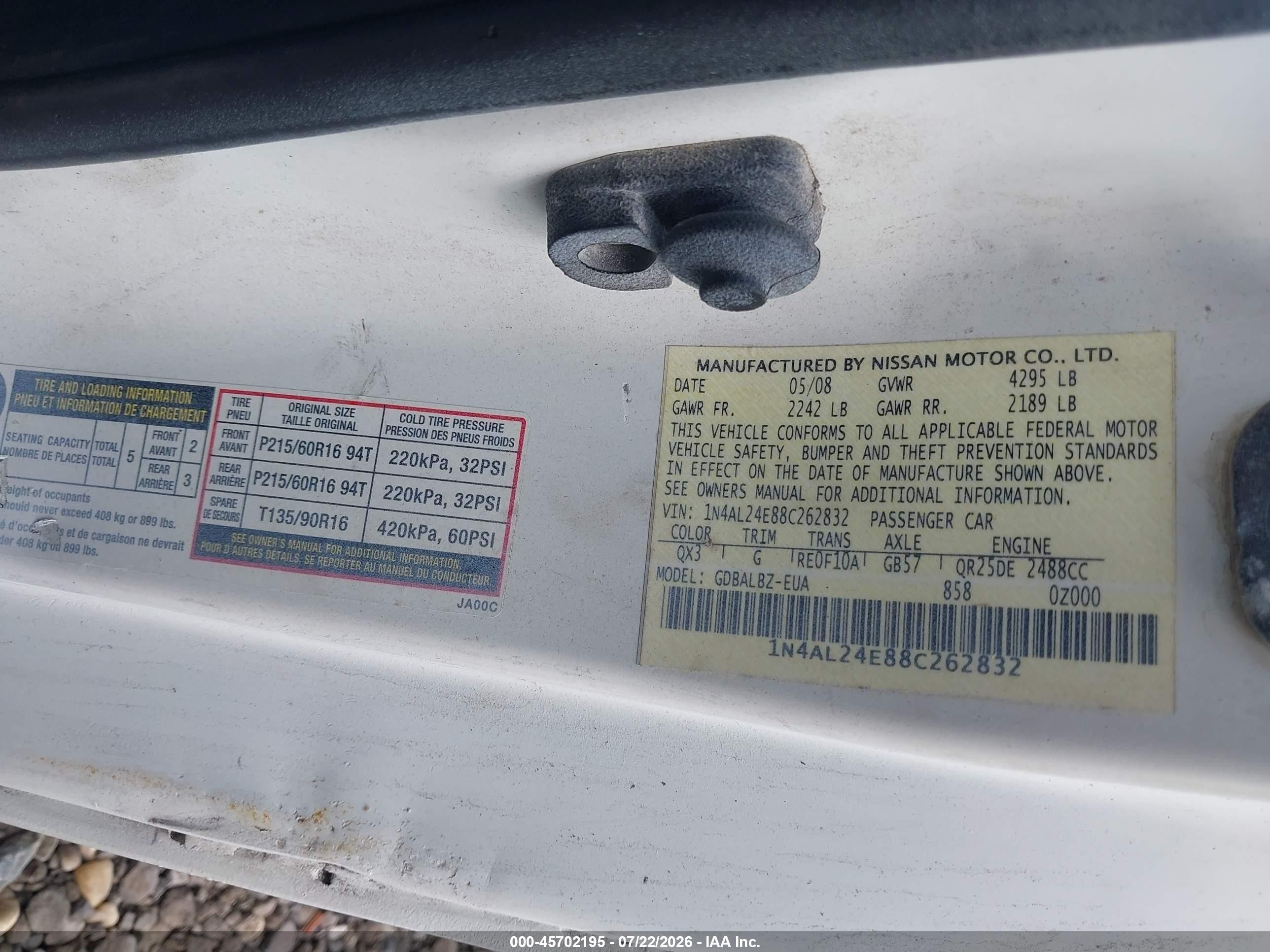 2008 Nissan Altima 2.5 S White vin: 1N4AL24E88C262832