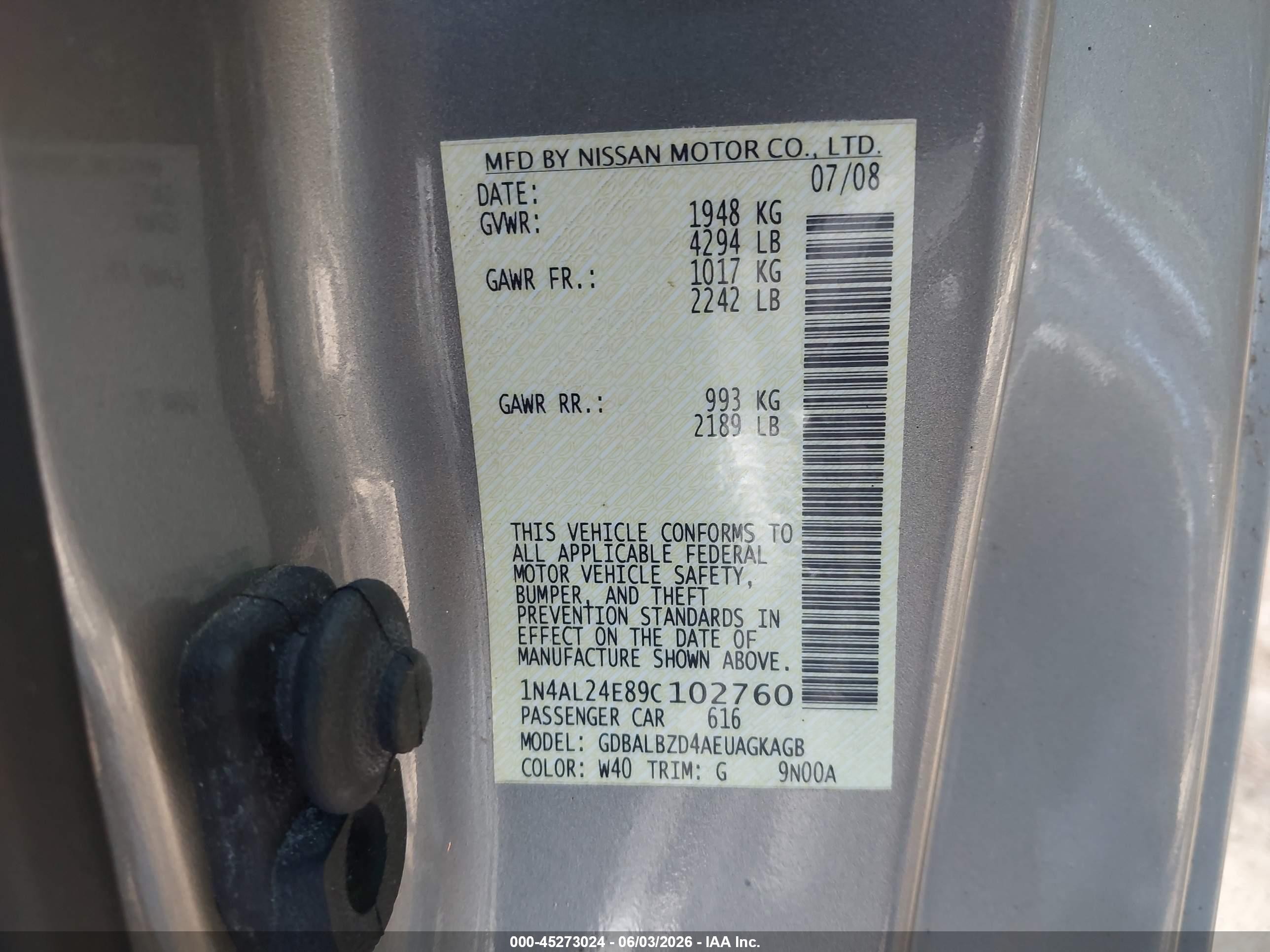 2009 Nissan Altima 2.5 S Gray vin: 1N4AL24E89C102760