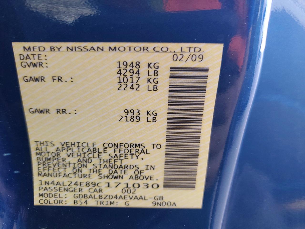 2009 Nissan Altima 2.5 S Blue vin: 1N4AL24E89C171030