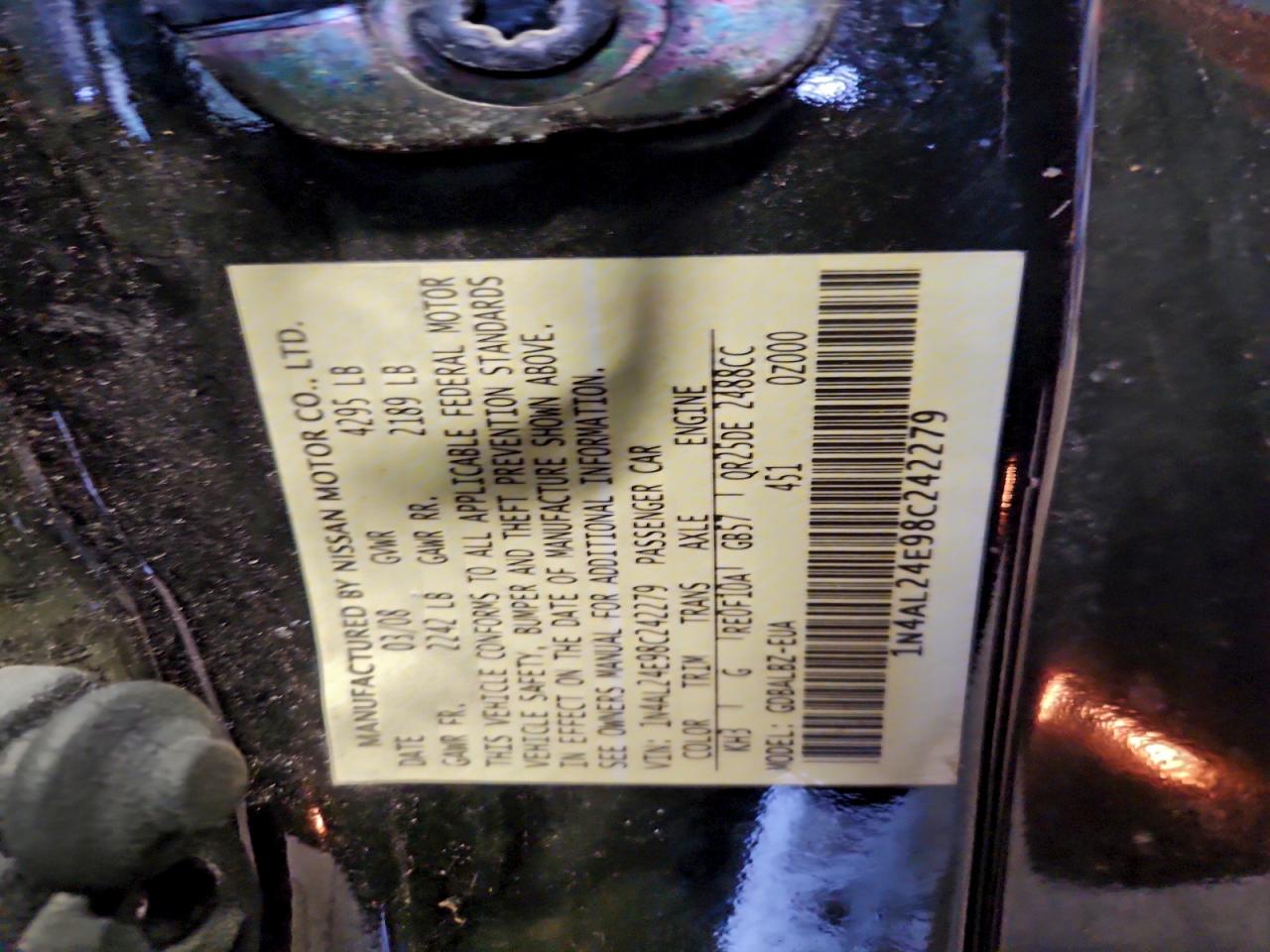 2008 Nissan Altima 2.5s Black vin: 1N4AL24E98C242279