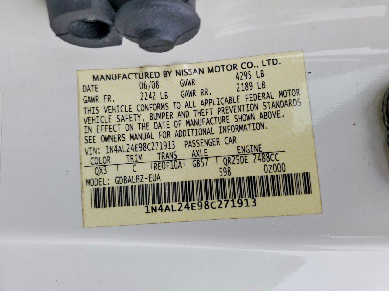 2008 Nissan Altima 2.5s White vin: 1N4AL24E98C271913