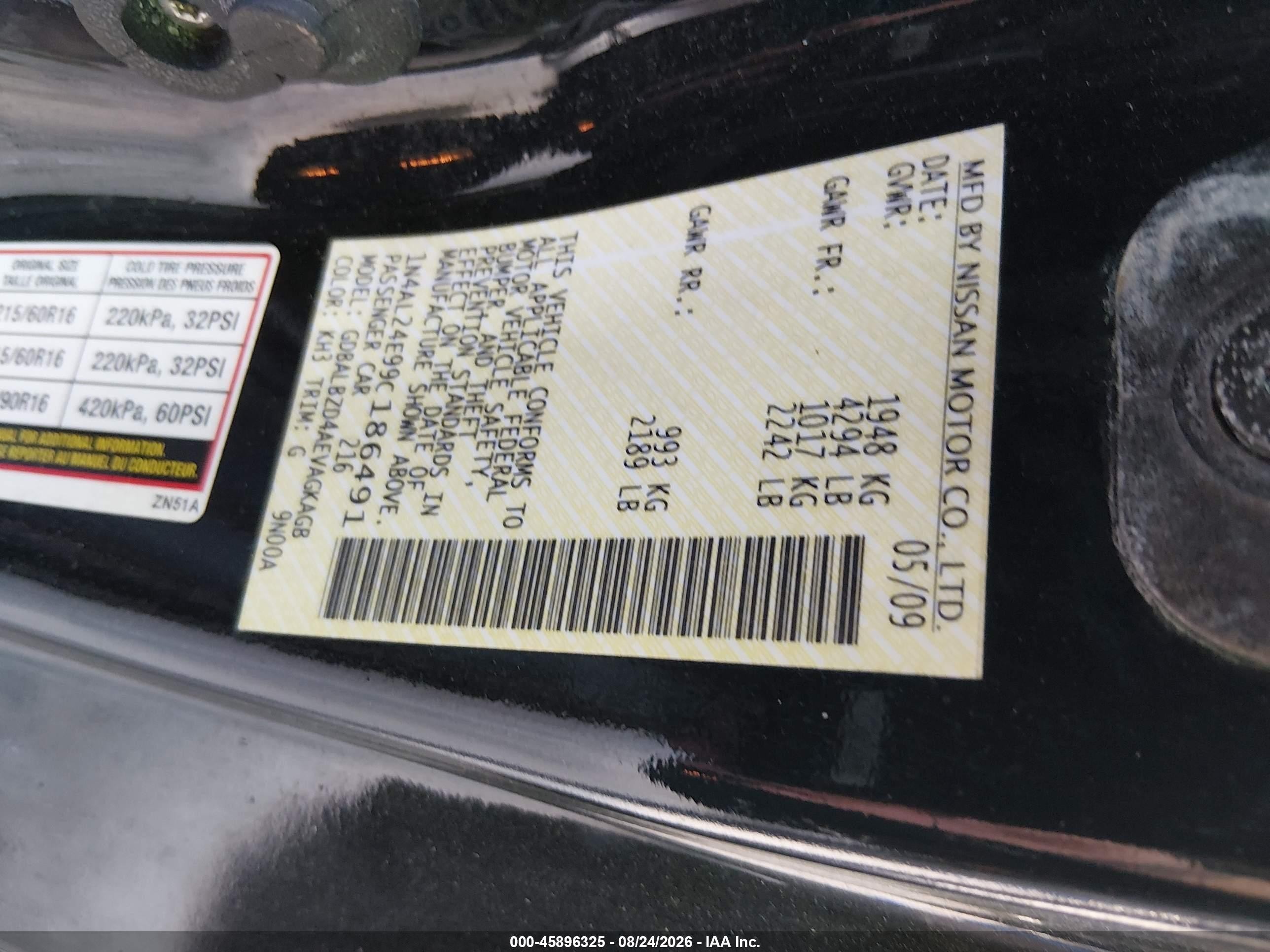 2009 Nissan Altima 2.5 S Черный vin: 1N4AL24E99C186491