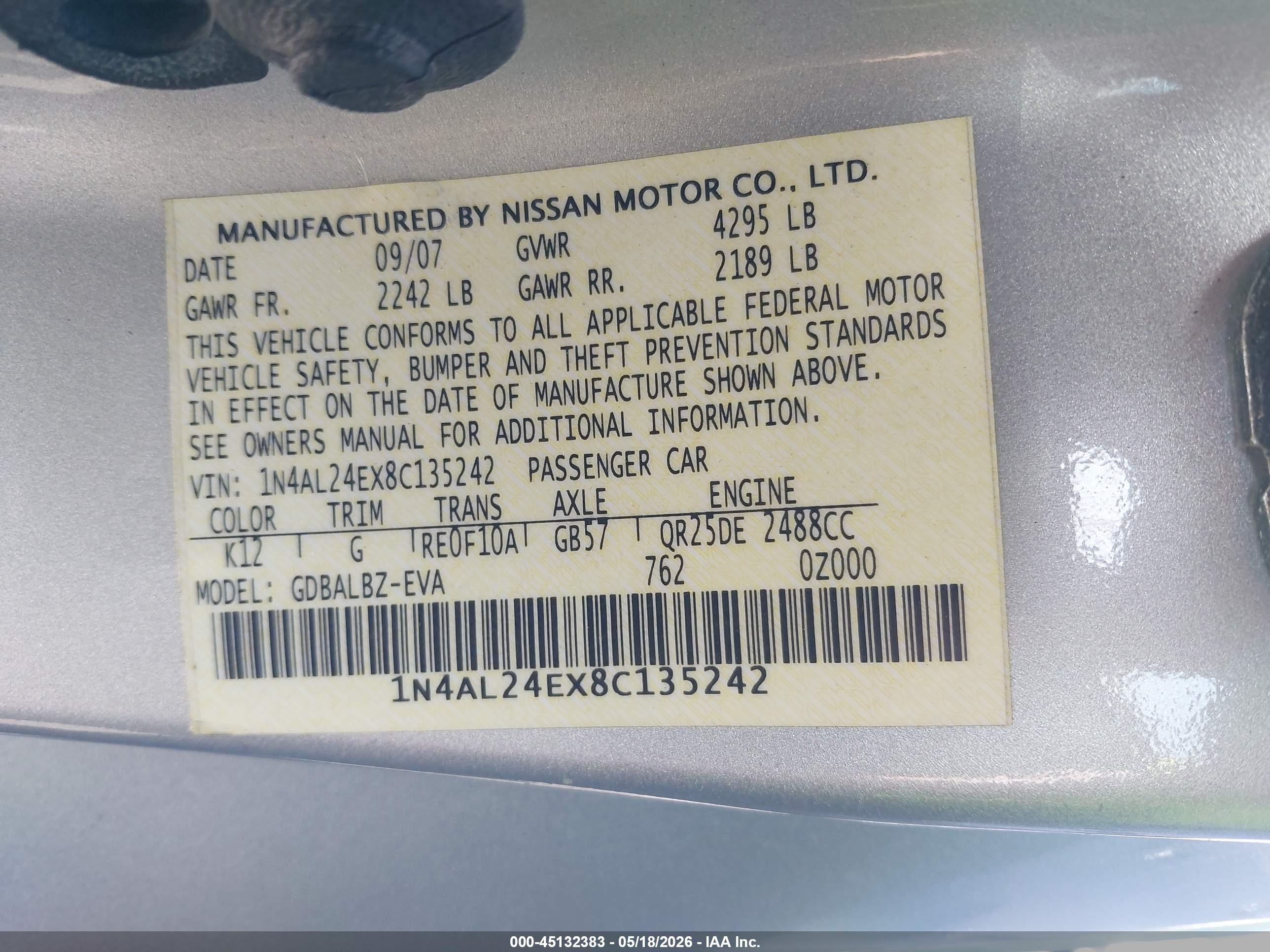 2008 Nissan Altima 2.5 S Silver vin: 1N4AL24EX8C135242