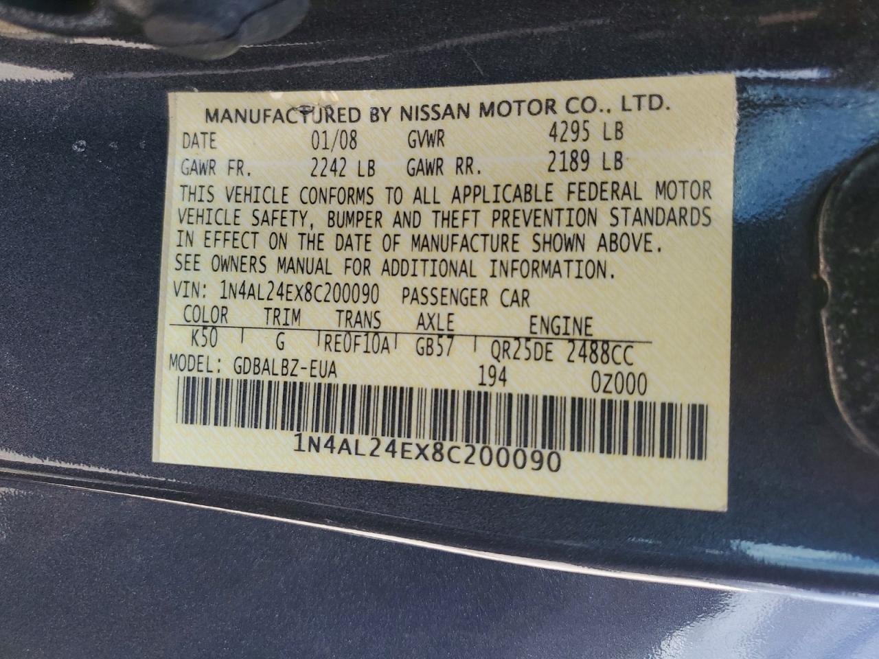 2008 Nissan Altima Gray vin: 1N4AL24EX8C200090