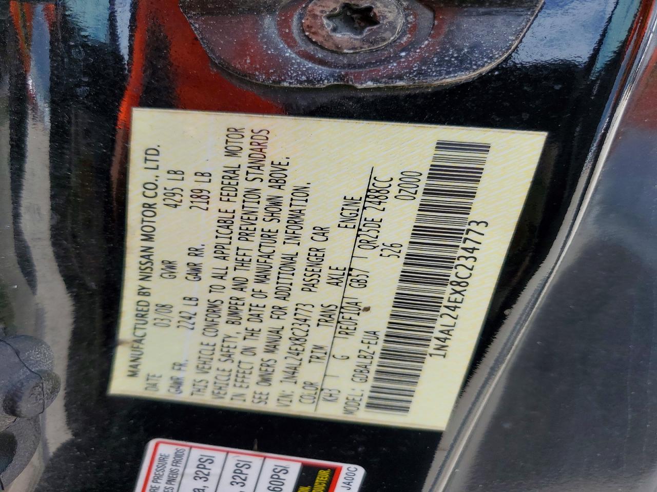 2008 Nissan Altima 2.5s Black vin: 1N4AL24EX8C234773