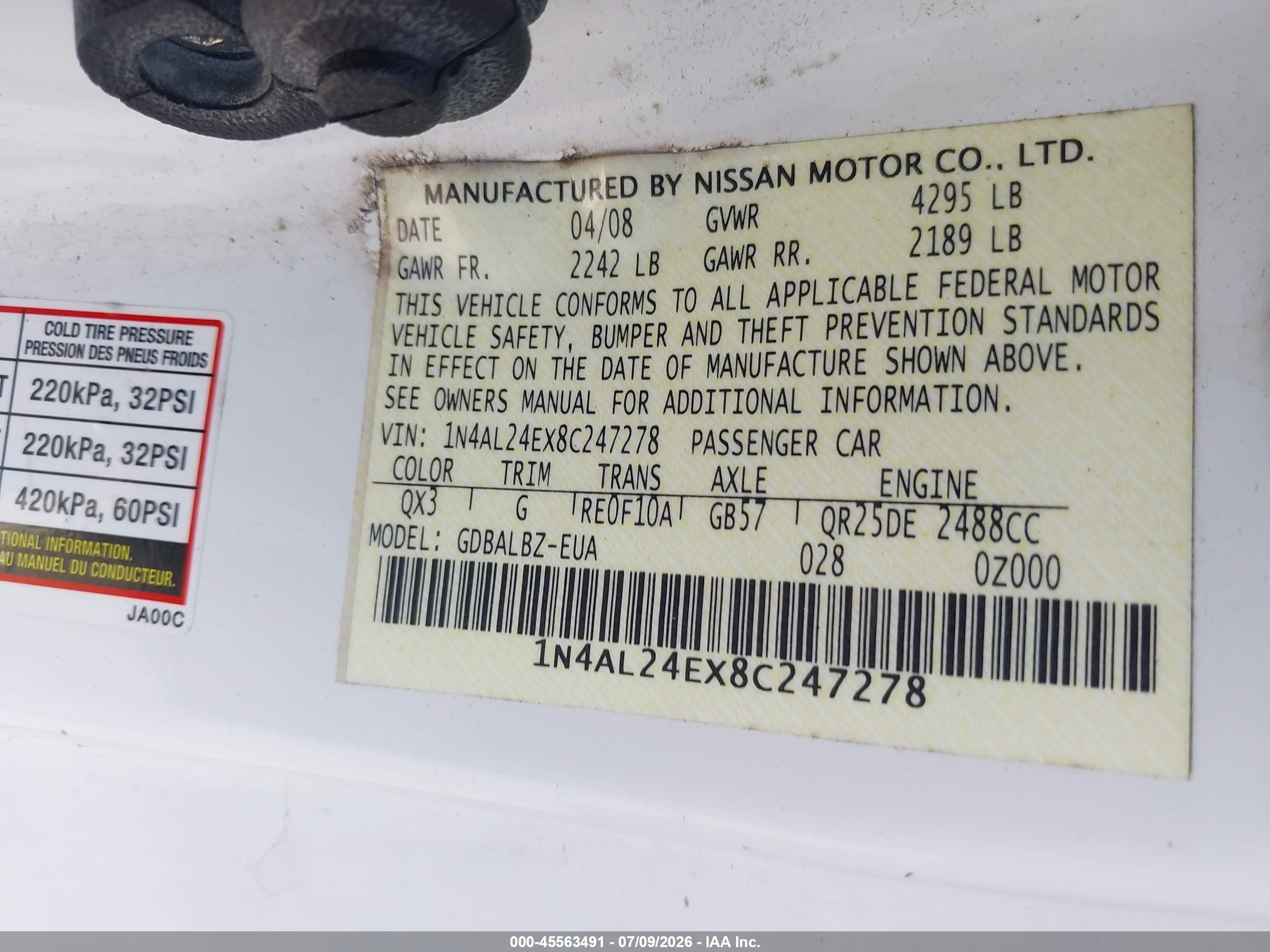 2008 Nissan Altima 2.5 S White vin: 1N4AL24EX8C247278