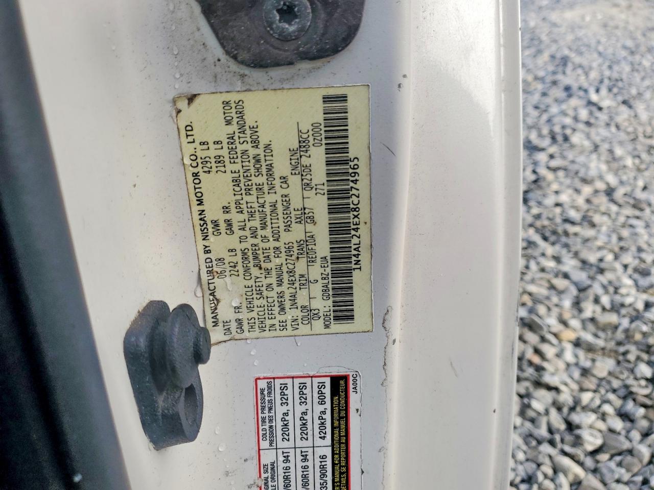 2008 Nissan Altima 2.5 S White vin: 1N4AL24EX8C274965