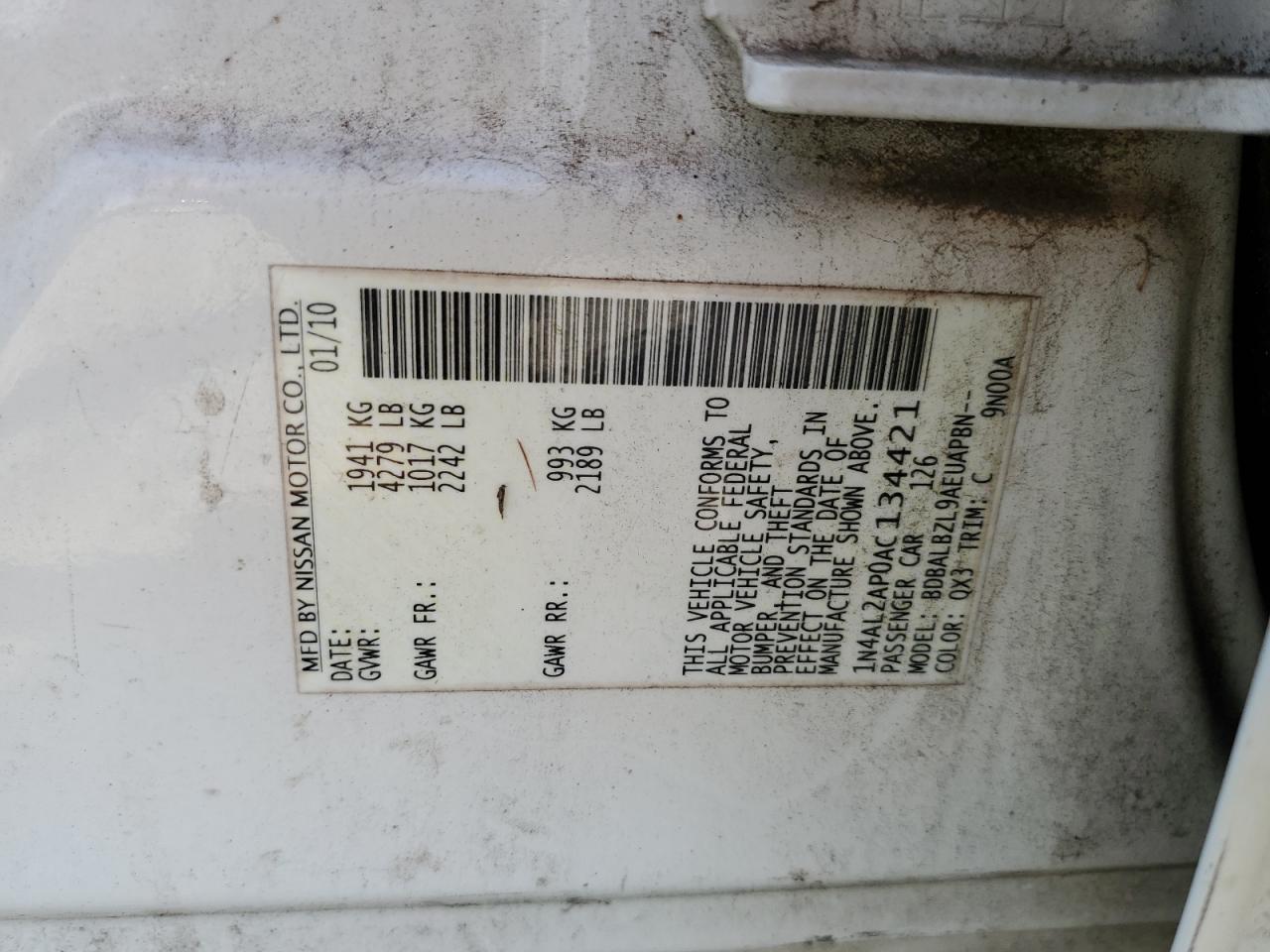 2010 Nissan Altima 2.5 White vin: 1N4AL2AP0AC134421