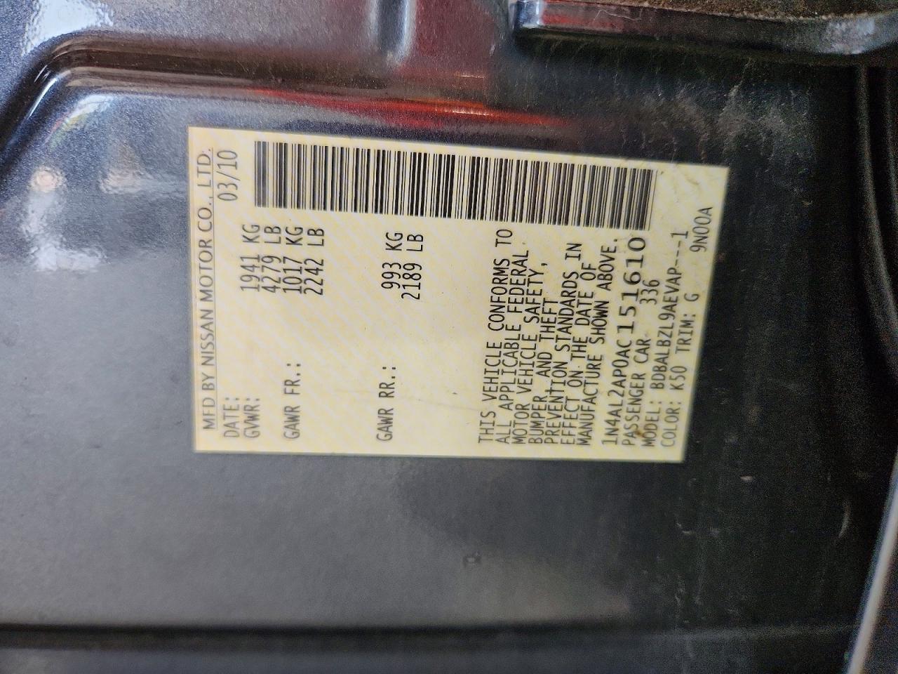 2010 Nissan Altima 2.5 Gray vin: 1N4AL2AP0AC151610