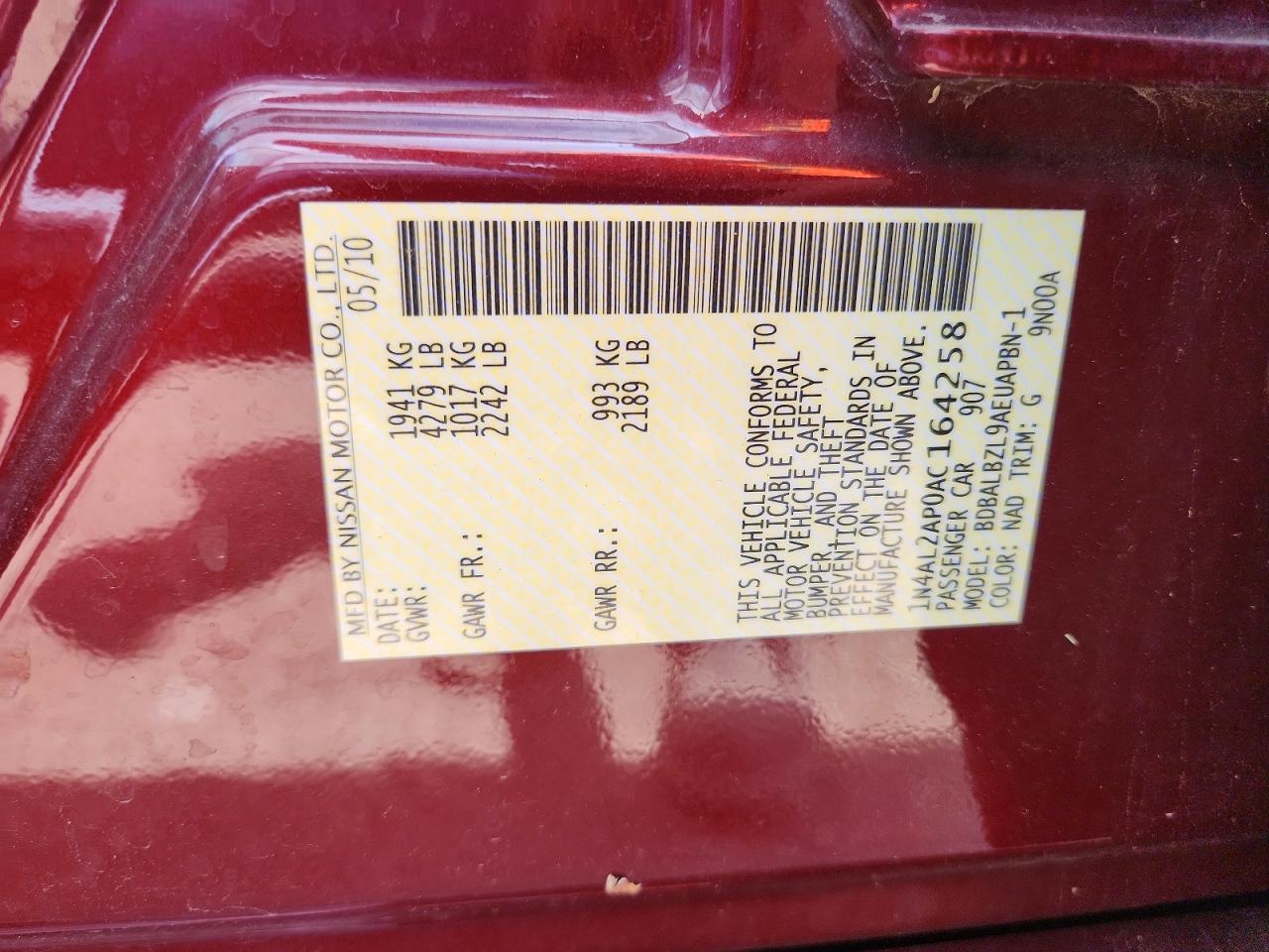 2010 Nissan Altima 2.5 Maroon vin: 1N4AL2AP0AC164258