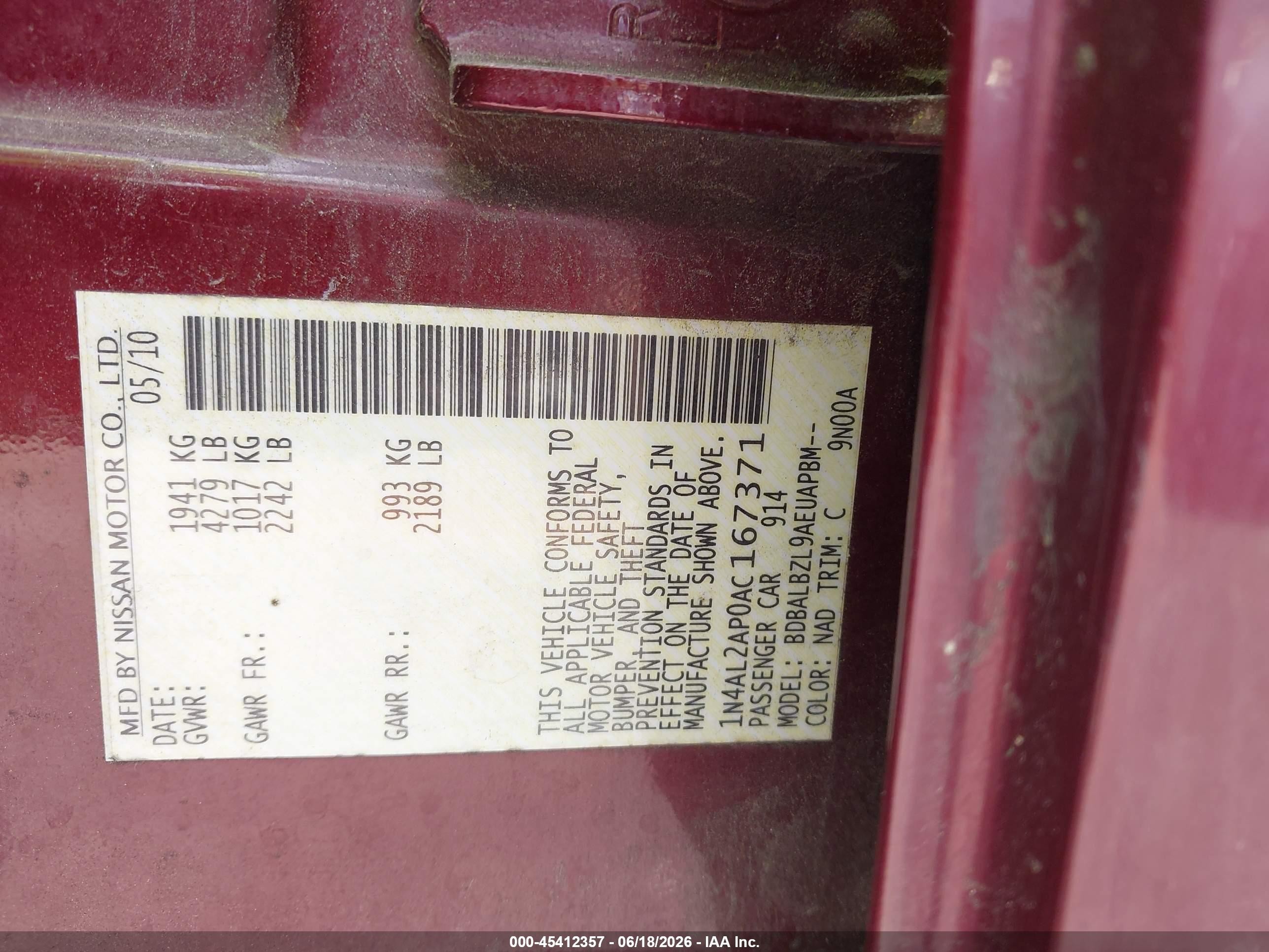2010 Nissan Altima 2.5 S Burgundy vin: 1N4AL2AP0AC167371