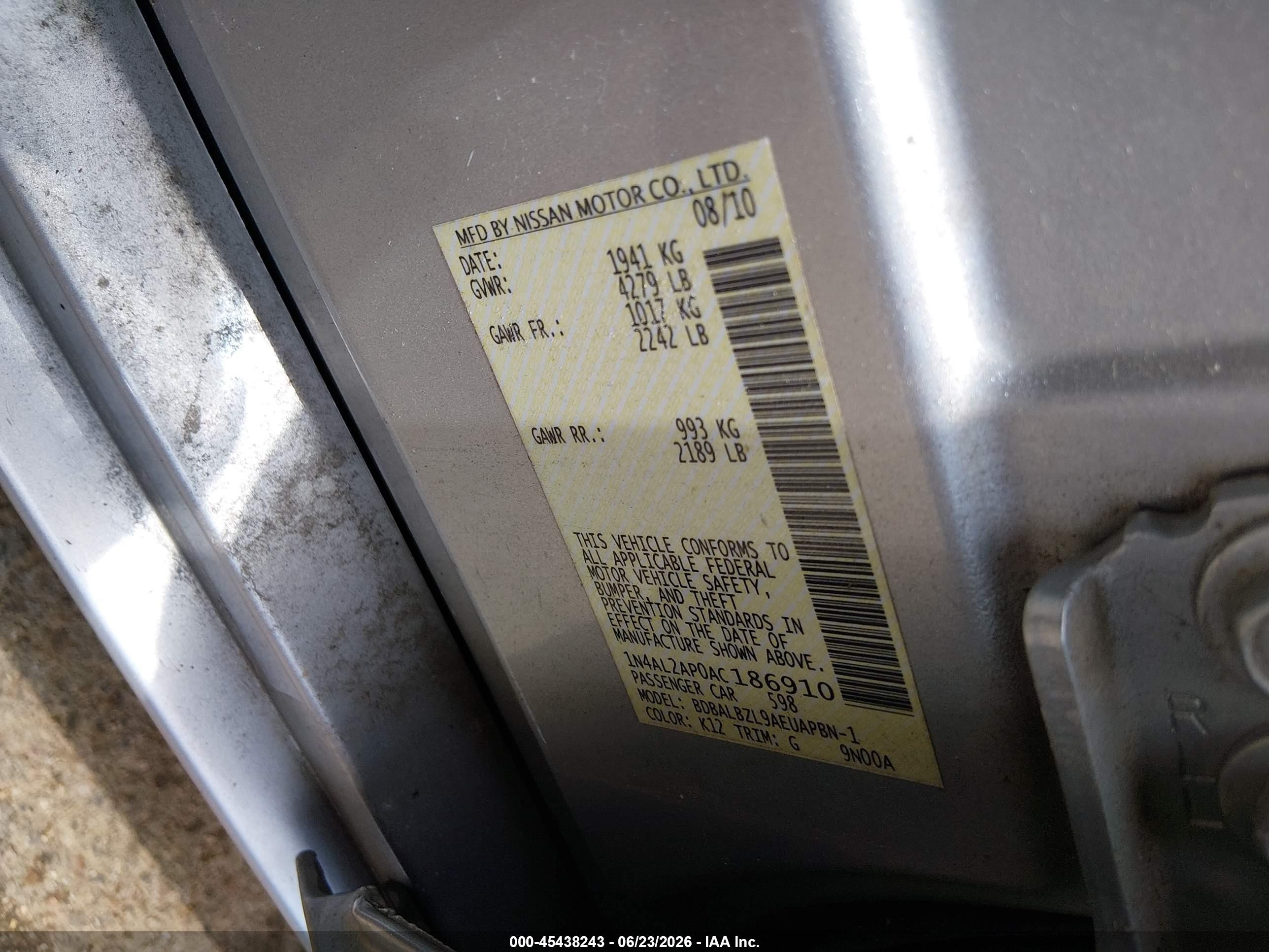 2010 Nissan Altima 2.5 S Silver vin: 1N4AL2AP0AC186910