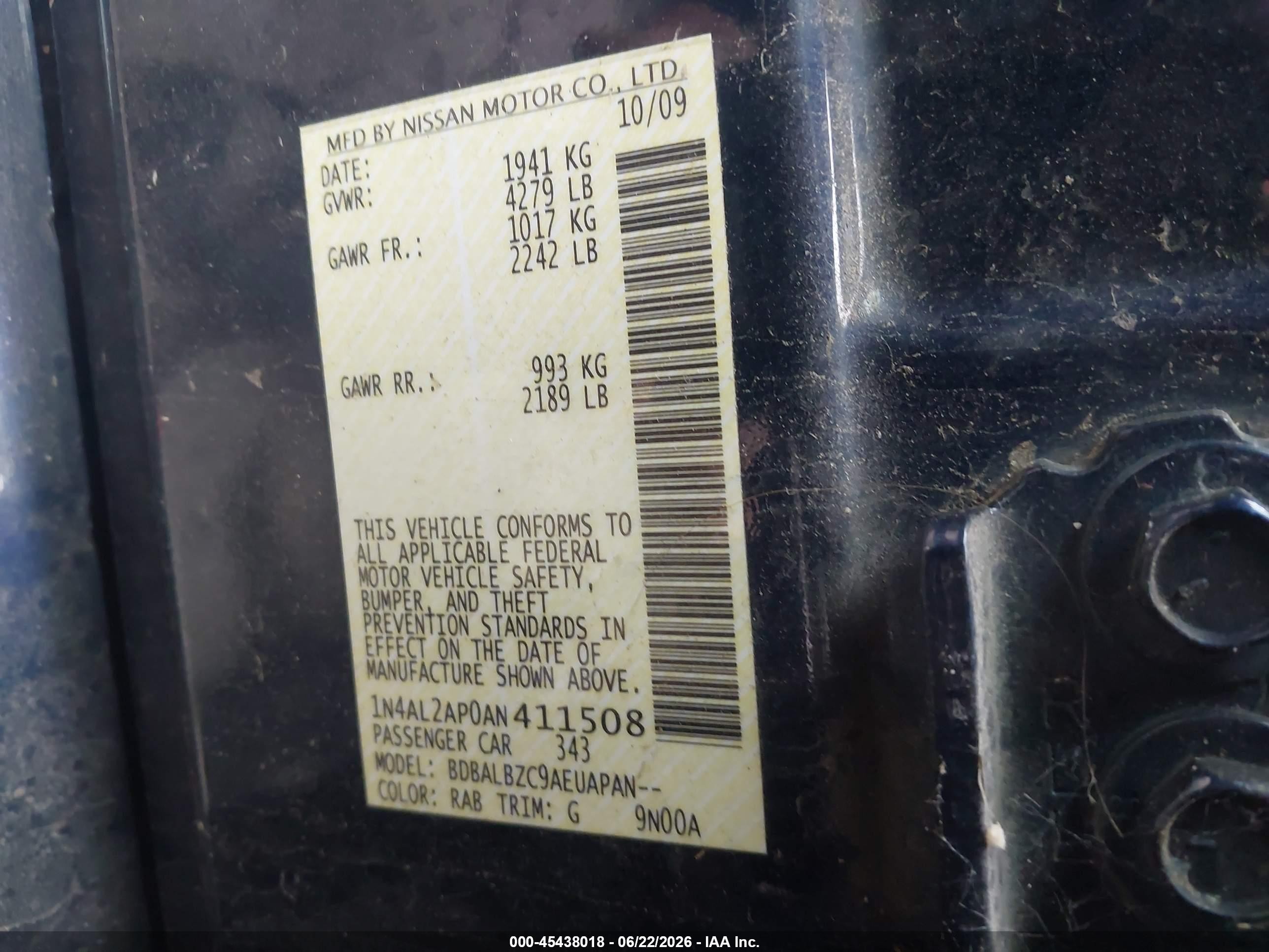 2010 Nissan Altima 2.5 S Blue vin: 1N4AL2AP0AN411508