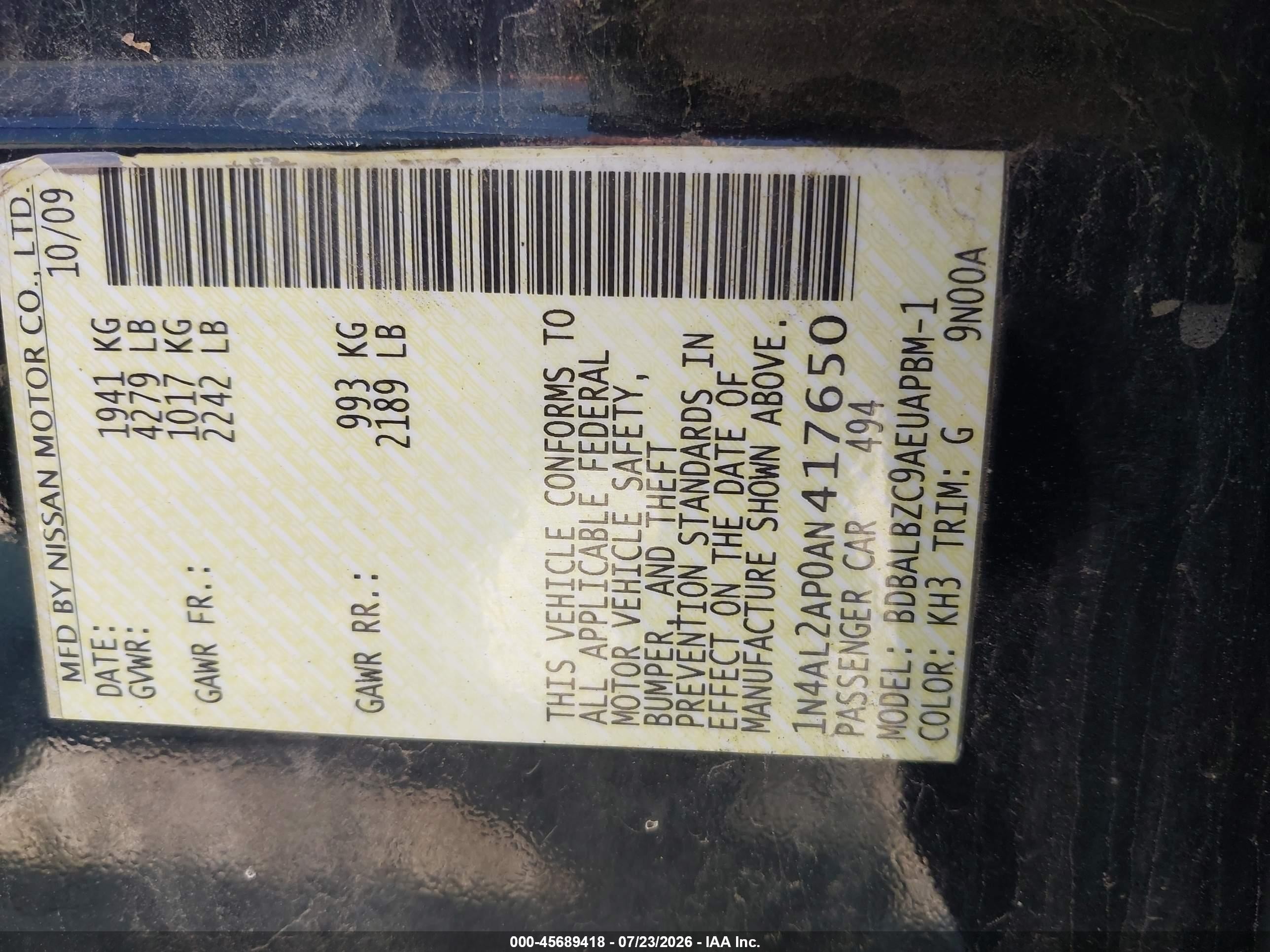 2010 Nissan Altima 2.5 S Black vin: 1N4AL2AP0AN417650