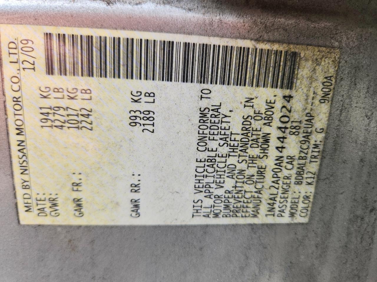 2010 Nissan Altima 2.5 Серебряный vin: 1N4AL2AP0AN444024