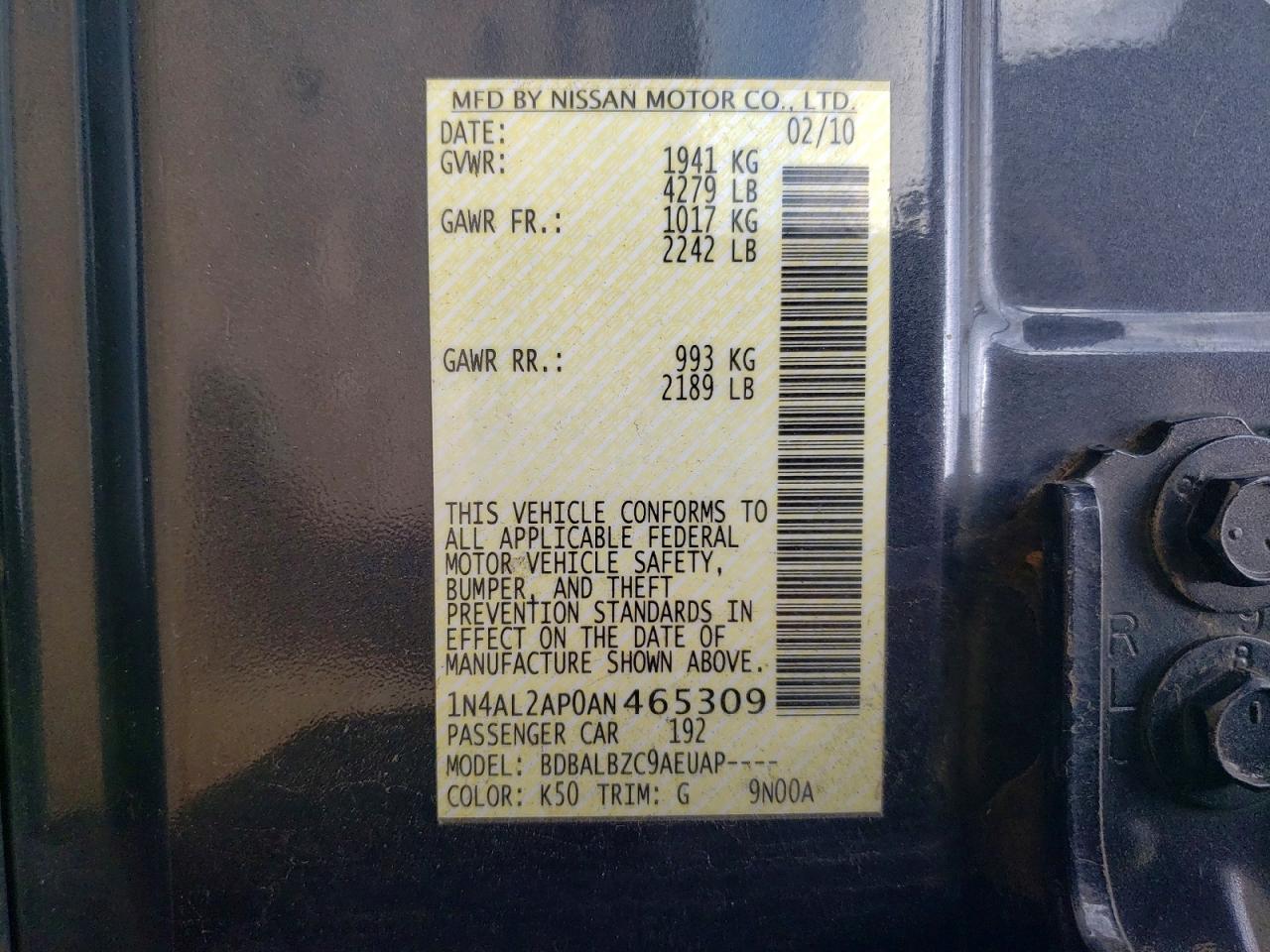 2010 Nissan Altima 2.5 Gray vin: 1N4AL2AP0AN465309