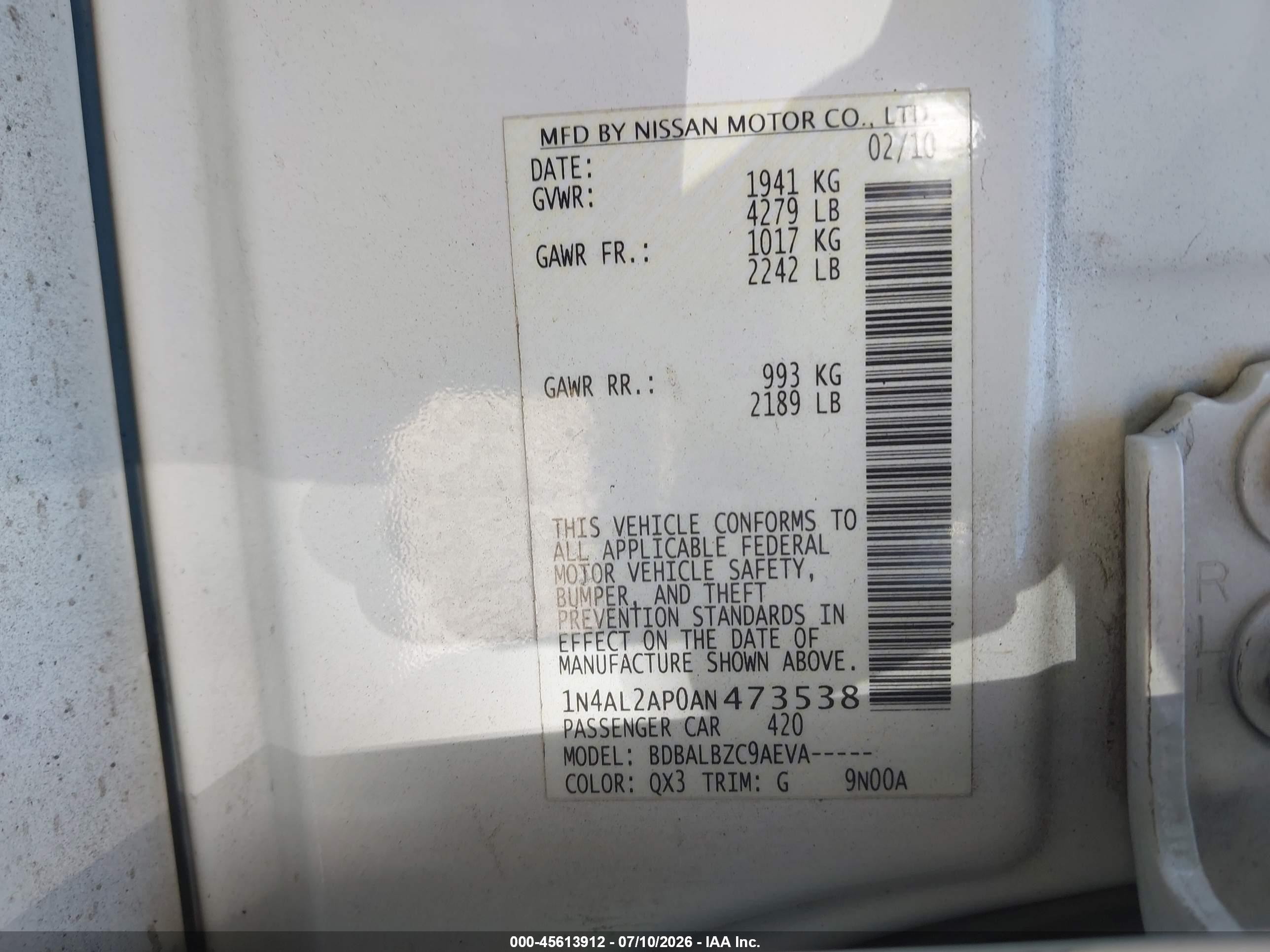 2010 Nissan Altima 2.5 S White vin: 1N4AL2AP0AN473538