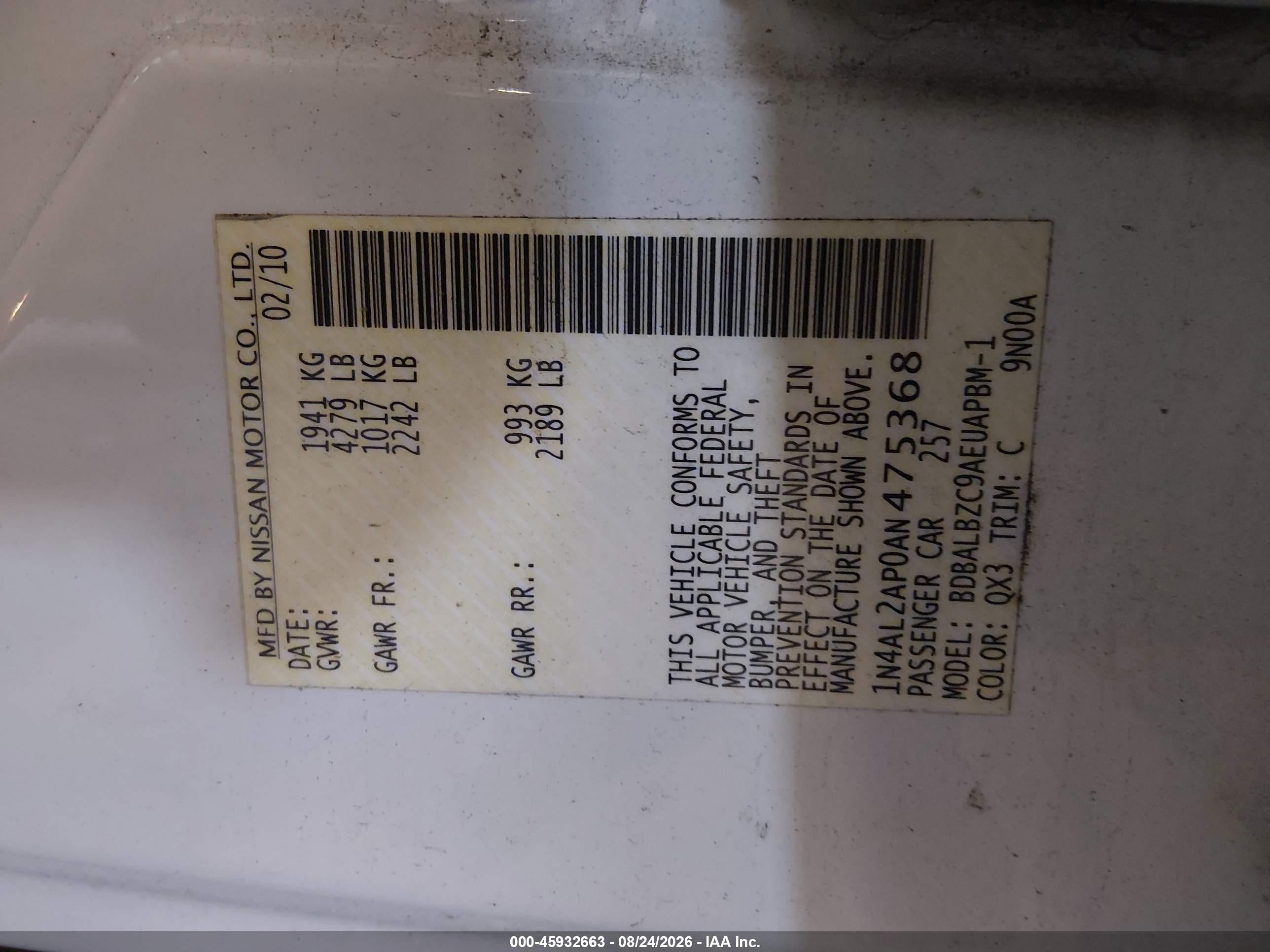 2010 Nissan Altima 2.5 S White vin: 1N4AL2AP0AN475368