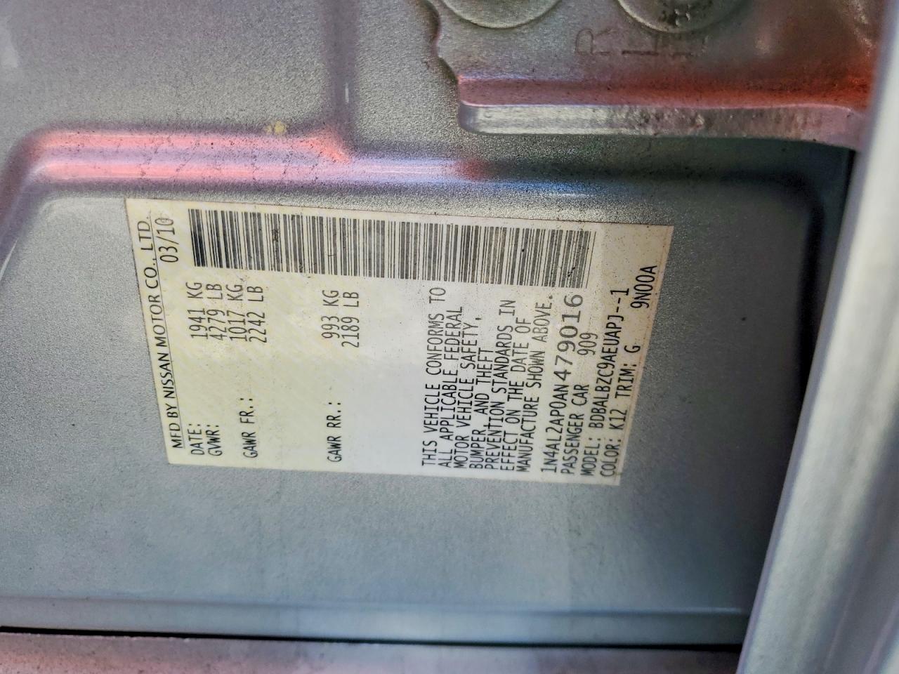 2010 Nissan Altima 2.5 Silver vin: 1N4AL2AP0AN479016