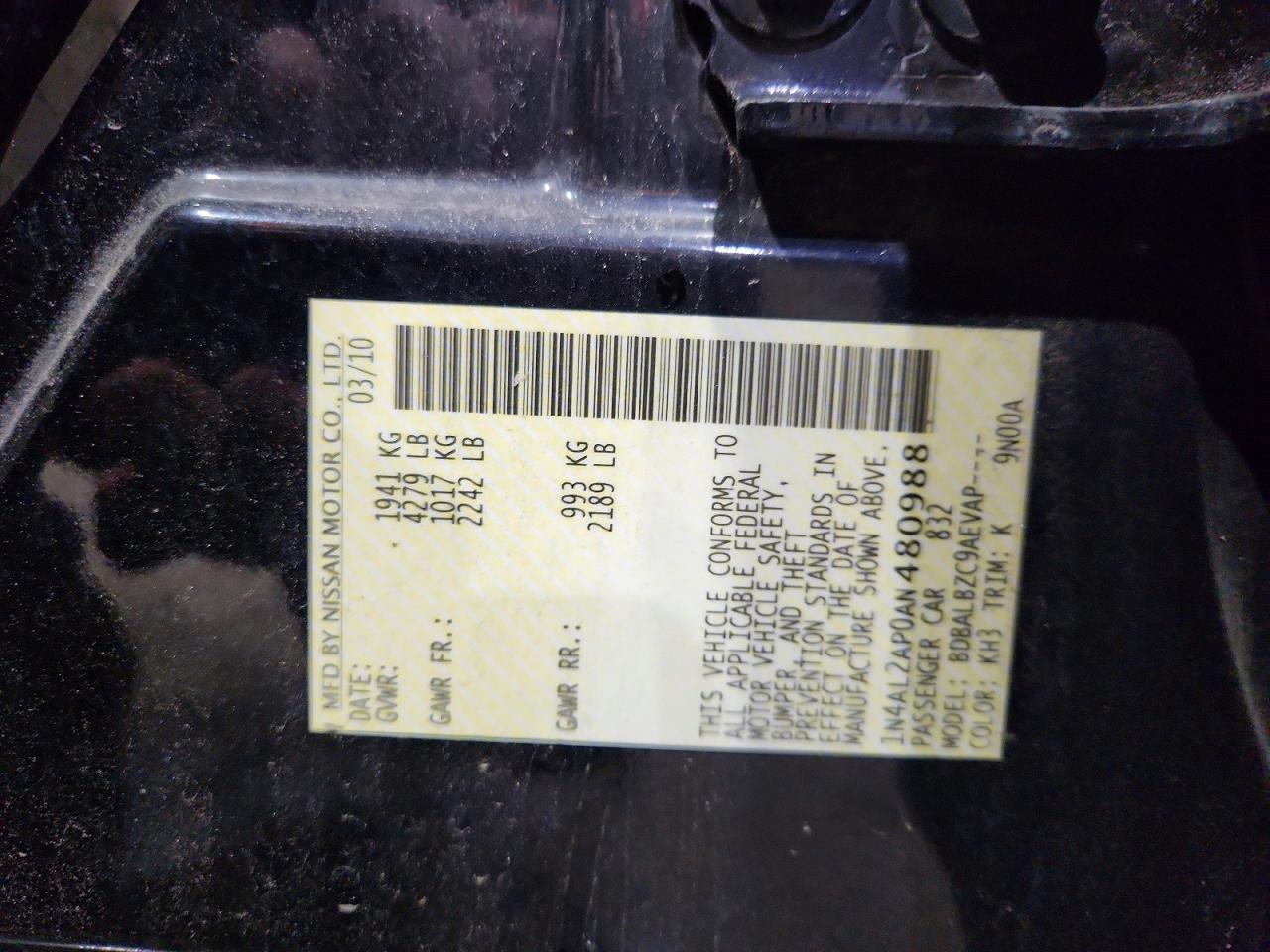 2010 Nissan Altima 2.5 Black vin: 1N4AL2AP0AN480988
