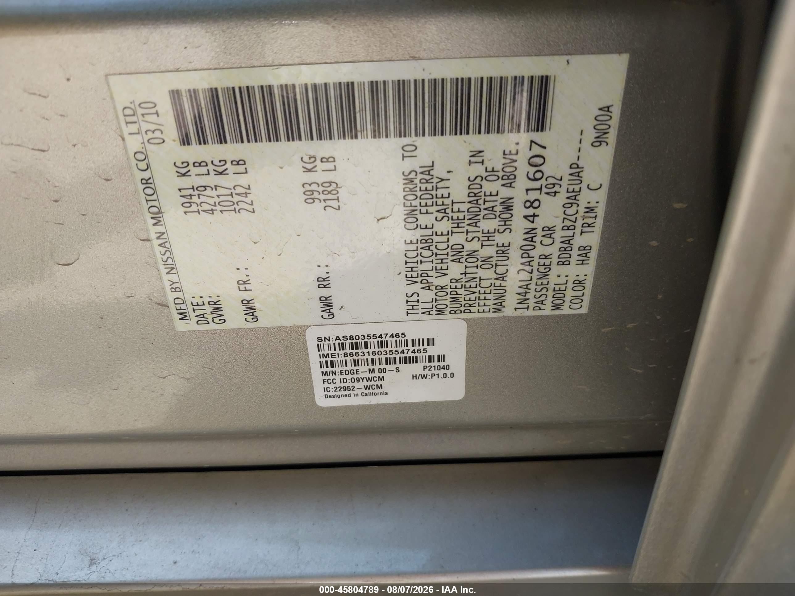 2010 Nissan Altima 2.5 S Gold vin: 1N4AL2AP0AN481607