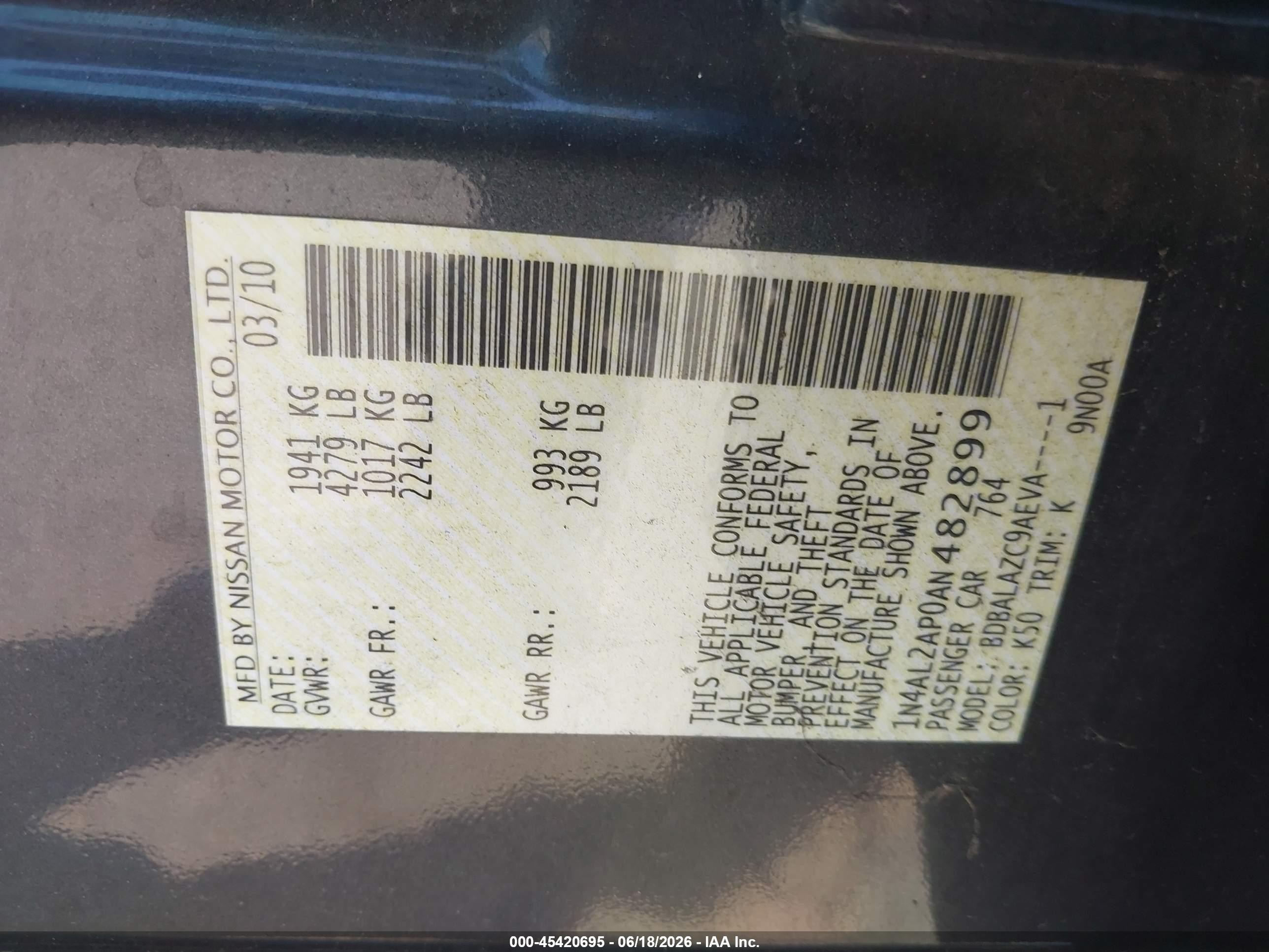 2010 Nissan Altima 2.5 Gray vin: 1N4AL2AP0AN482899
