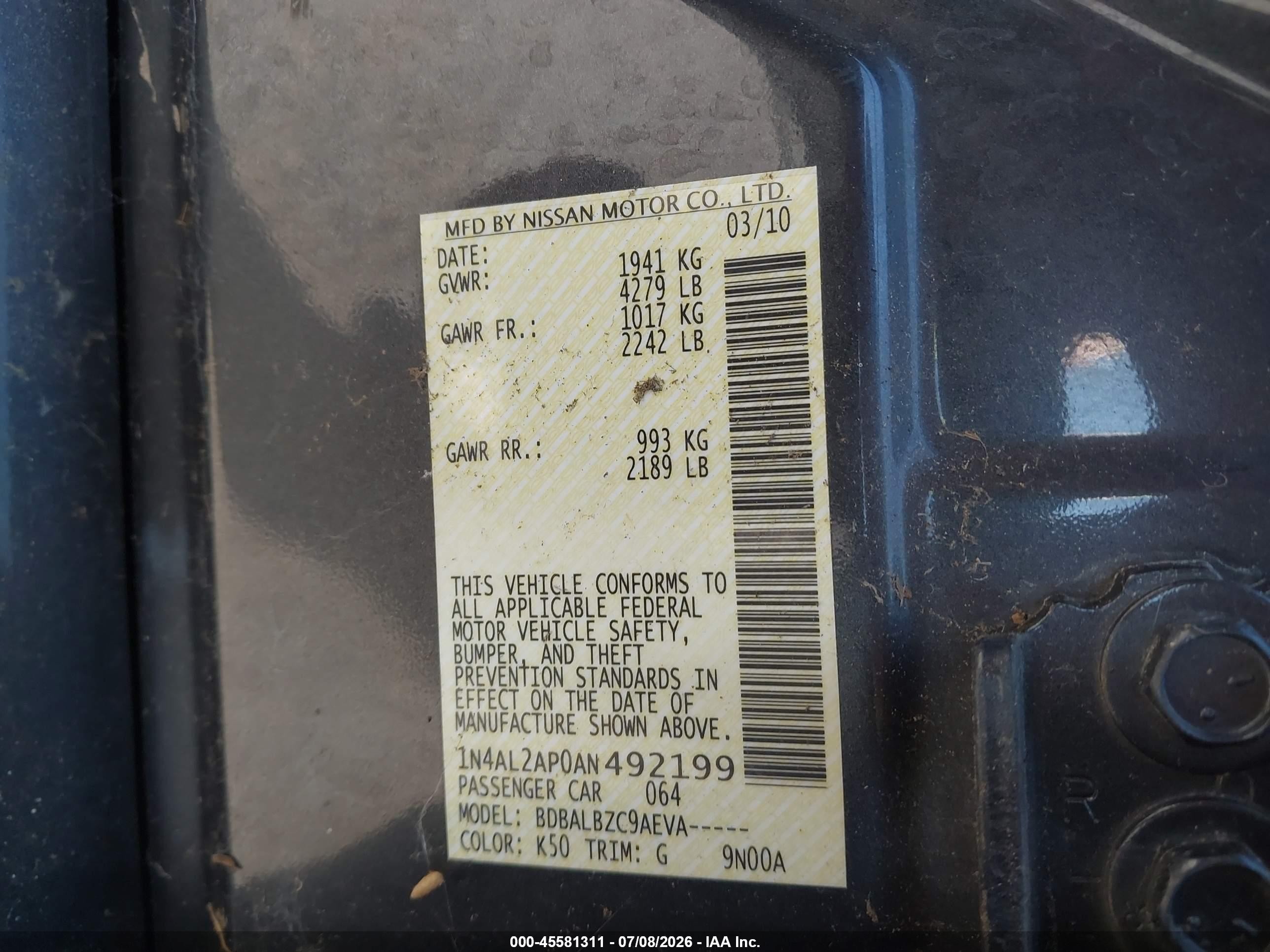 2010 Nissan Altima 2.5 S Gray vin: 1N4AL2AP0AN492199