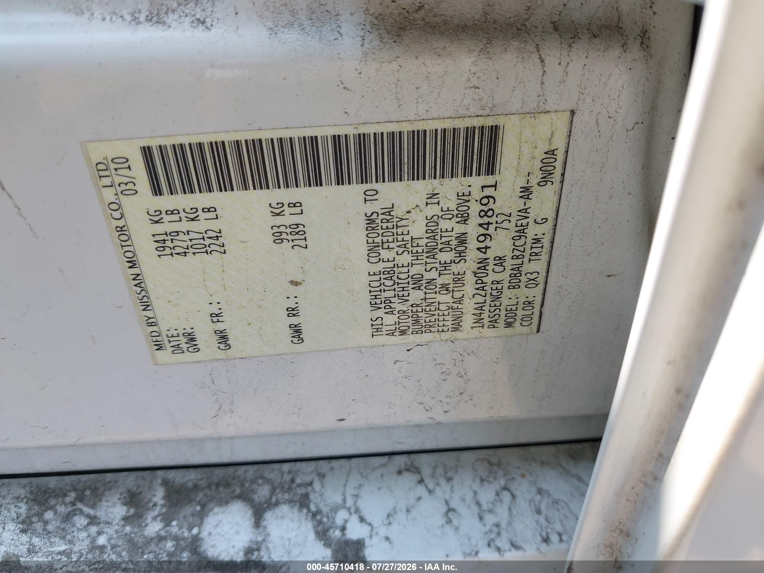 2010 Nissan Altima 2.5 S White vin: 1N4AL2AP0AN494891