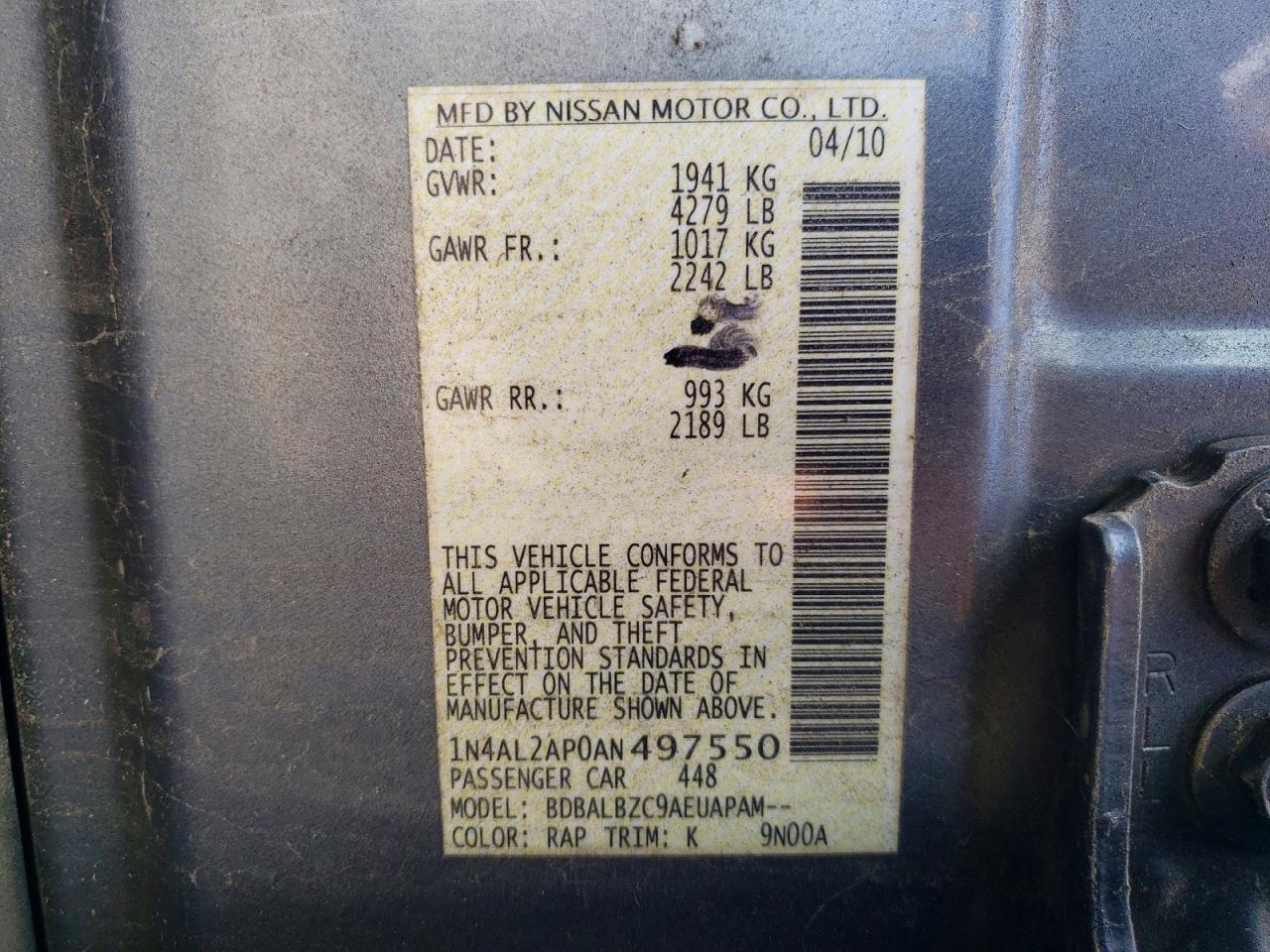 2010 Nissan Altima 2.5 S Gray vin: 1N4AL2AP0AN497550